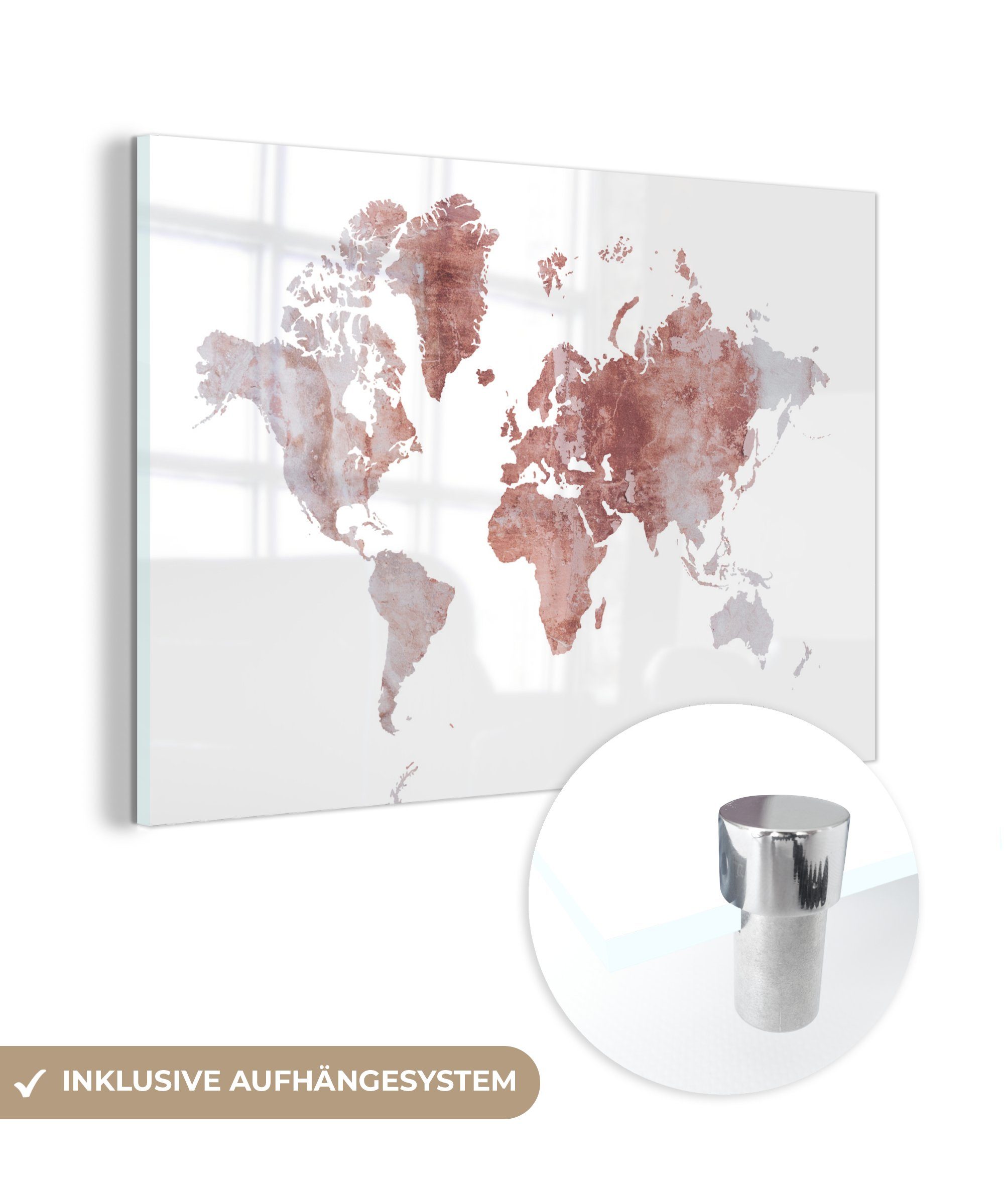 Foto Marmor Bilder - auf Glas - MuchoWow Glasbilder auf St), - Weltkarte Glas Rot, - Wandbild Wanddekoration (1 - Acrylglasbild
