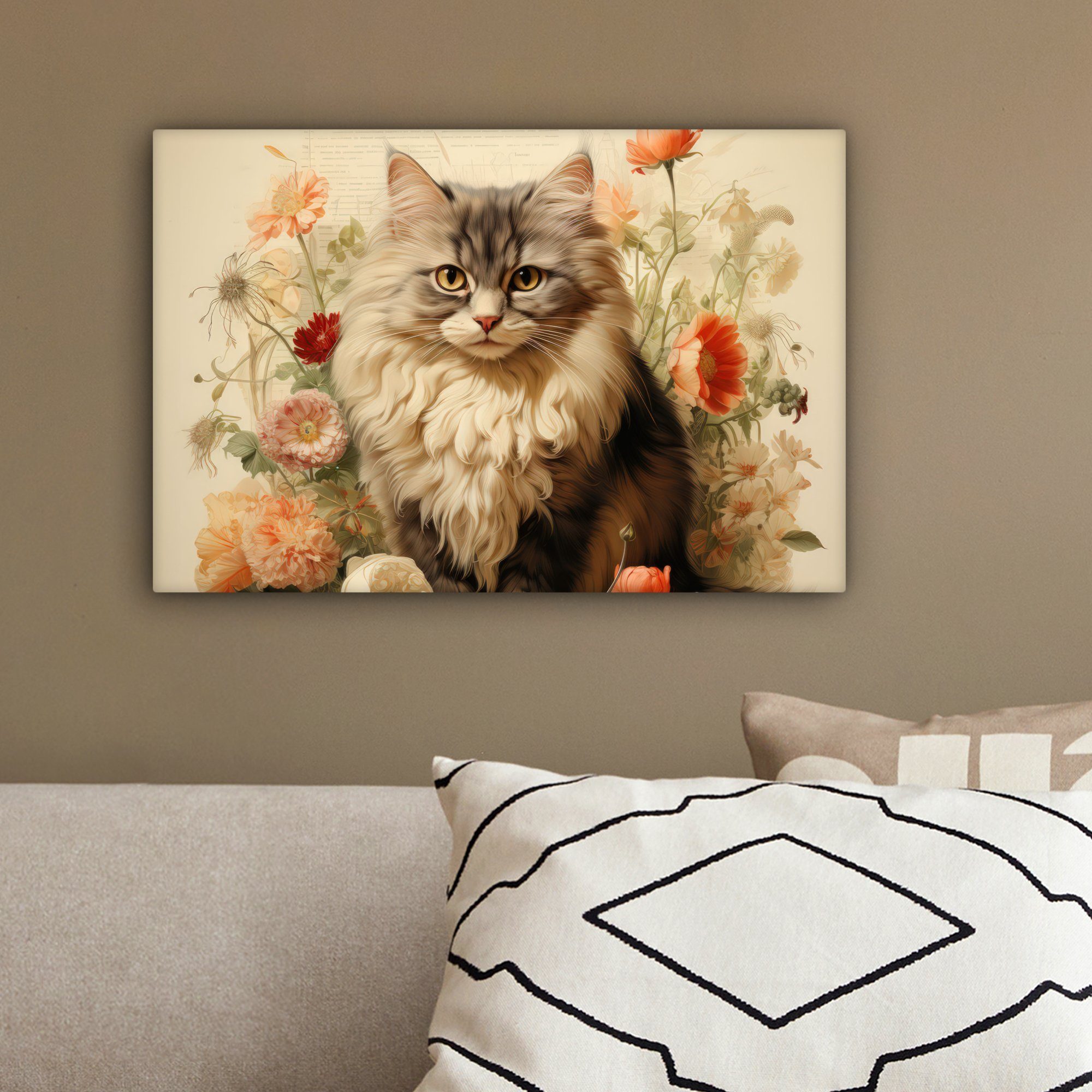 Aufhängefertig, OneMillionCanvasses® (1 cm - St), Tiere, Natur - - - Leinwandbild Leinwandbilder, Weiß 30x20 Vintage - Wandbild Wanddeko, Blumen Katze