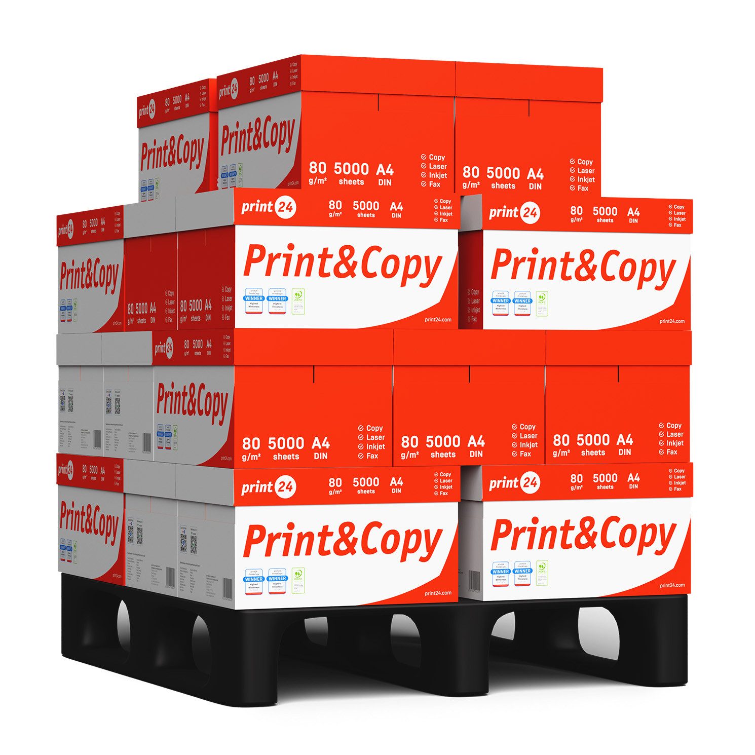 print24 Druckerpapier Kopierpapier 125000 Blatt A4 80g Premium Weiß Testsieger PEFC