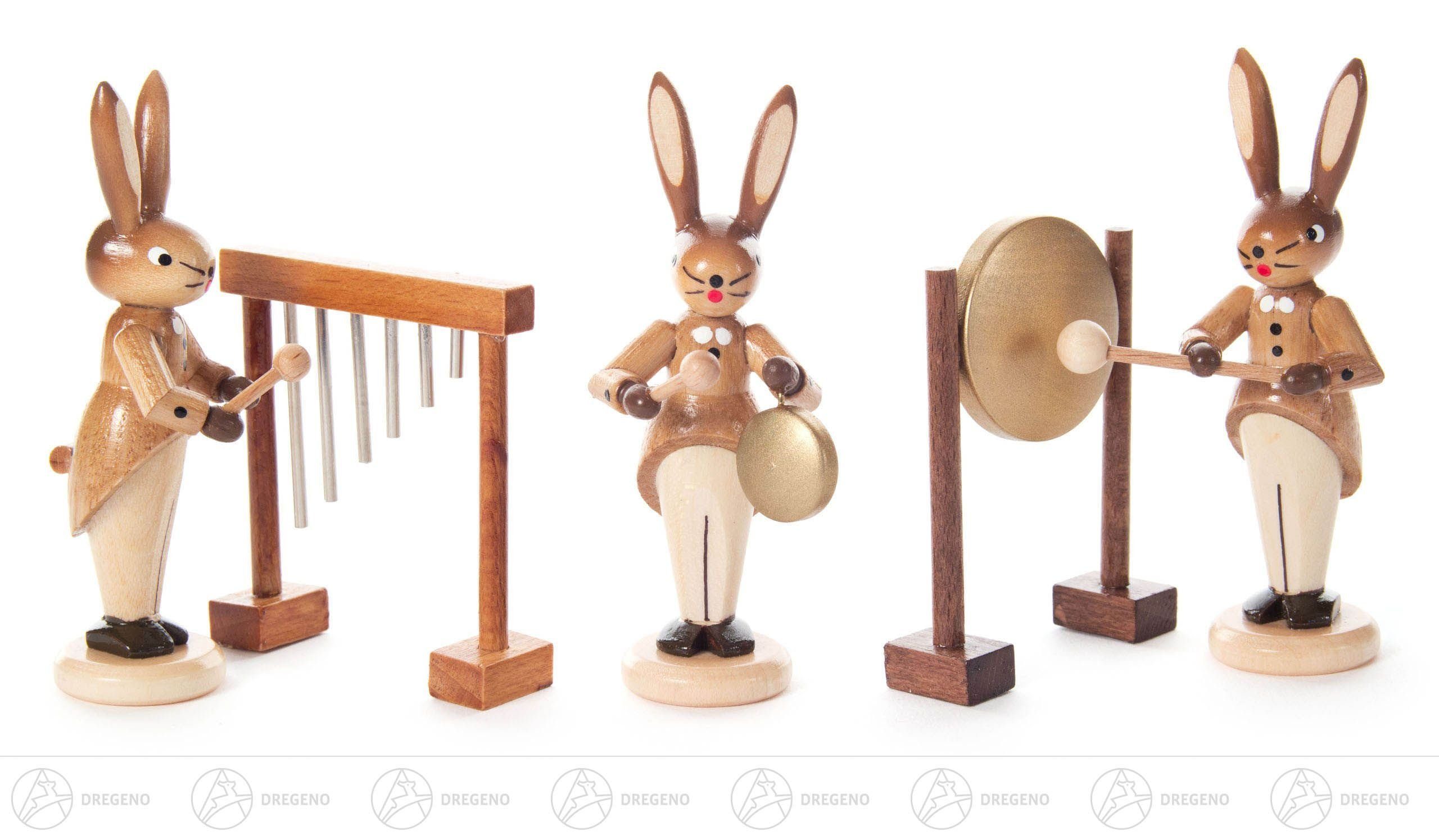 Dregeno Erzgebirge Osterhase Hasentrio mit Glockenspiel, kleinem und großen Gong, natur BxHxT =