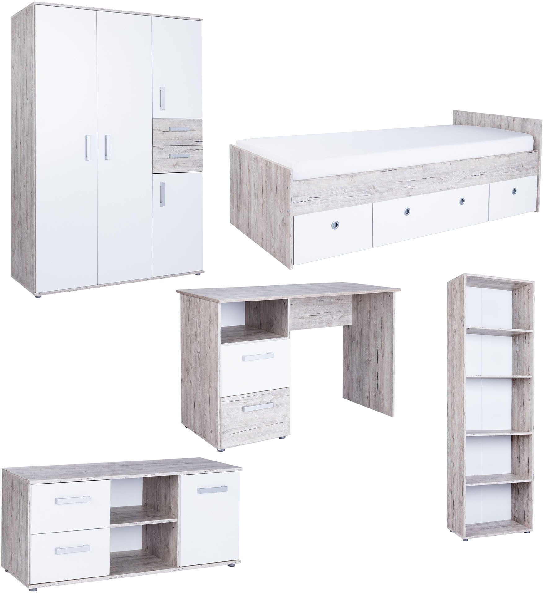 arthur berndt Jugendzimmer-Set Jugendzimmer-Set »Bente« 5-teilig, (5-tlg., 5tlg -Schrank, Bett, Schreibtisch, Sideboard, Standregal), Eiche-Sand Nb/Weiß
