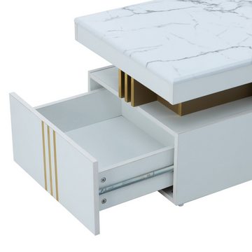 Merax Couchtisch mit Schubladen und Tischplatte in Marmoroptik, Beistelltisch aus Holz mit goldenen Dekor, Wohnzimmertisch Industrial