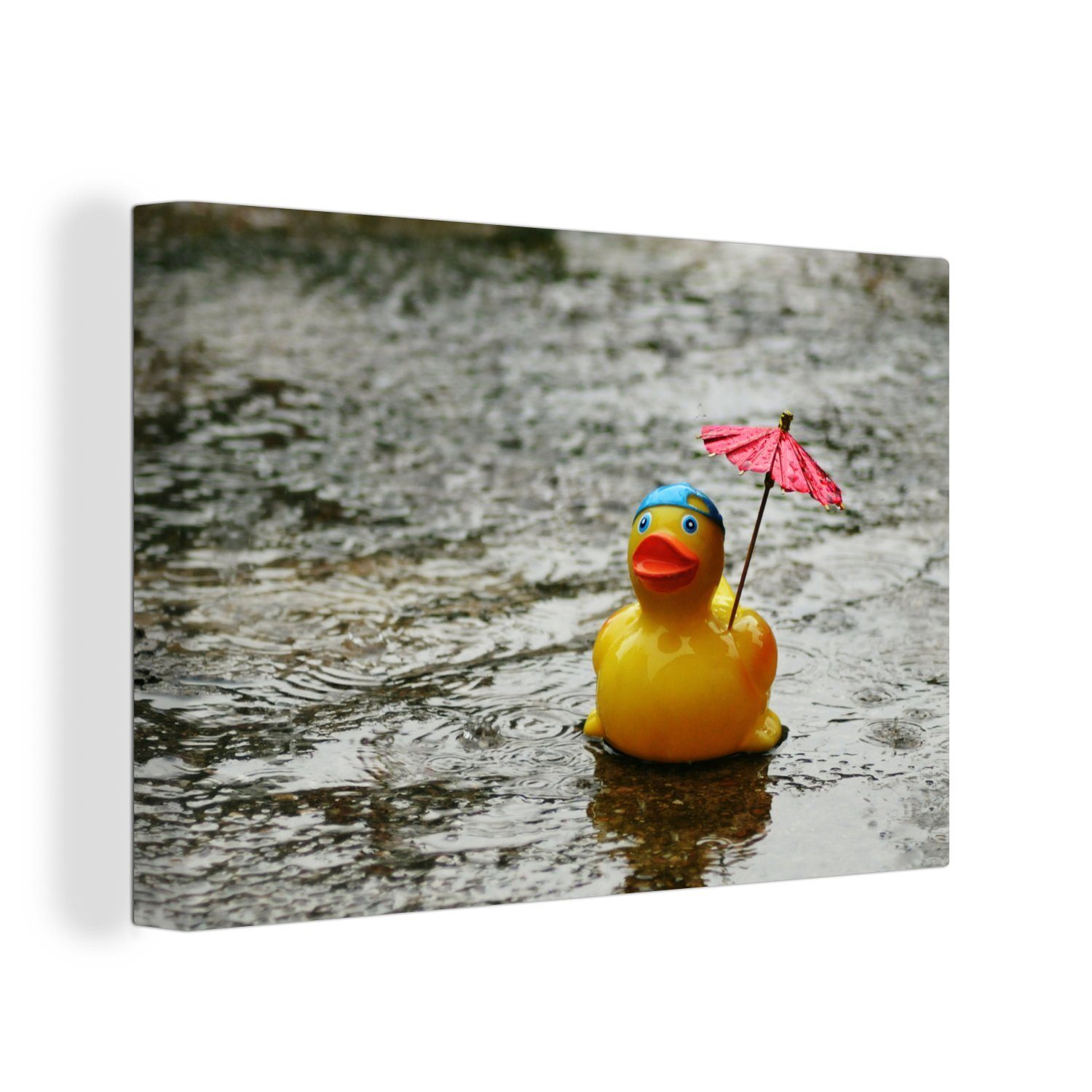 OneMillionCanvasses® Leinwandbild Gummi-Ente - Regen - Regenschirm, (1 St), Wandbild Leinwandbilder, Aufhängefertig, Wanddeko, 30x20 cm
