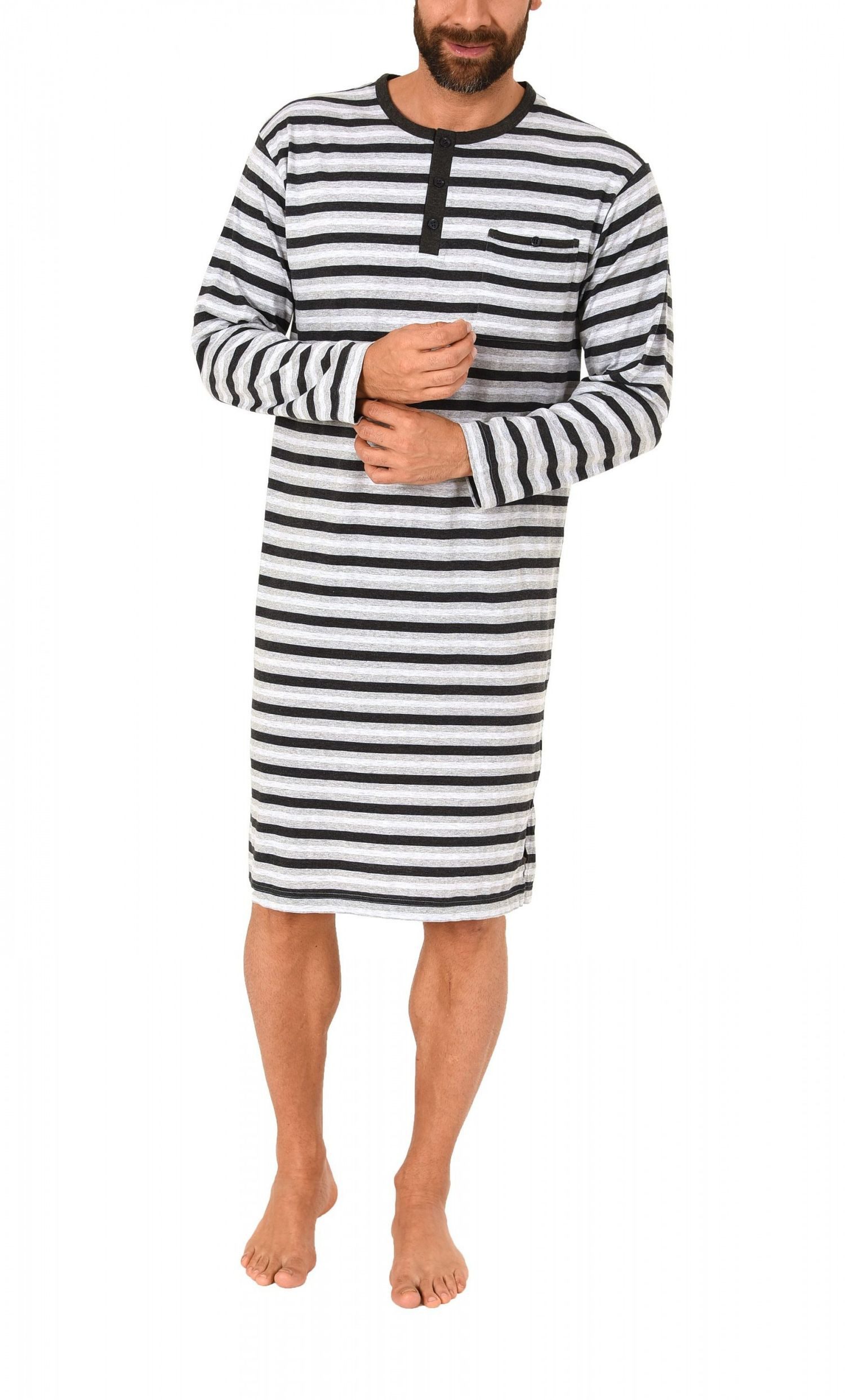 Pyjama Herren Nachthemd langarm mit Knopfleiste – Streifenoptik – 61680