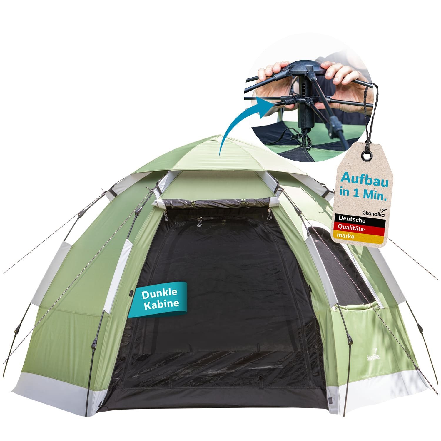 Skandika Kuppelzelt Campingzelt, Namsos 2 Sleeper Protect Quick-Start, schwarze Kabine, Personen: 2 (mit eingenähtem Zeltboden, schneller Aufbau in 1 Minute), 3000 mm Wassersäule, Doppeltüren, Tragetasche, Wandern, Trekking