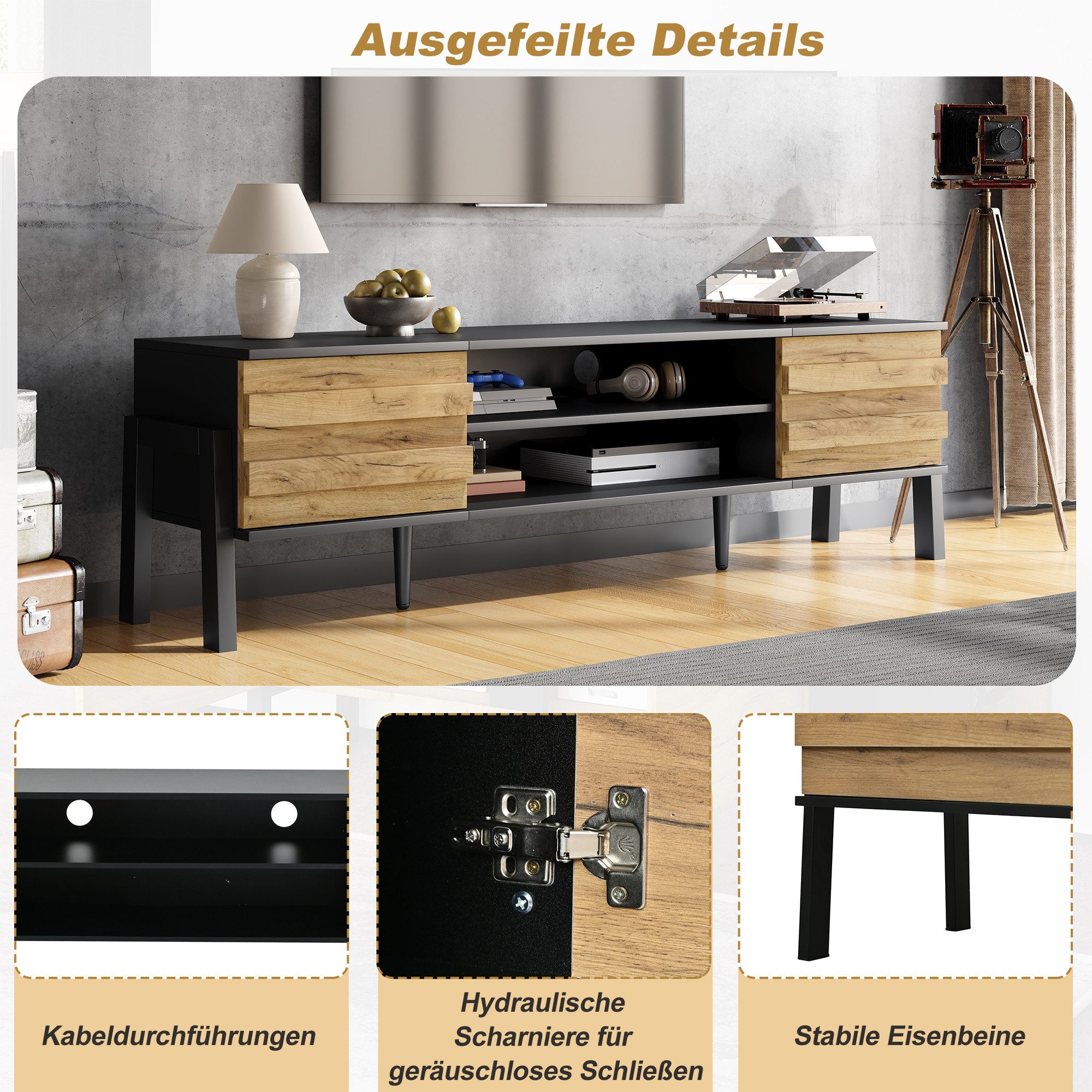 Merax Lowboard Fernsehschrank TV-Lowboard Fernsehtisch (für Fernseher bis 70 Zoll, 1 St), TV-Schrank mit 2 Schränken & Offenem Stauraum, 175x39.5x53cm