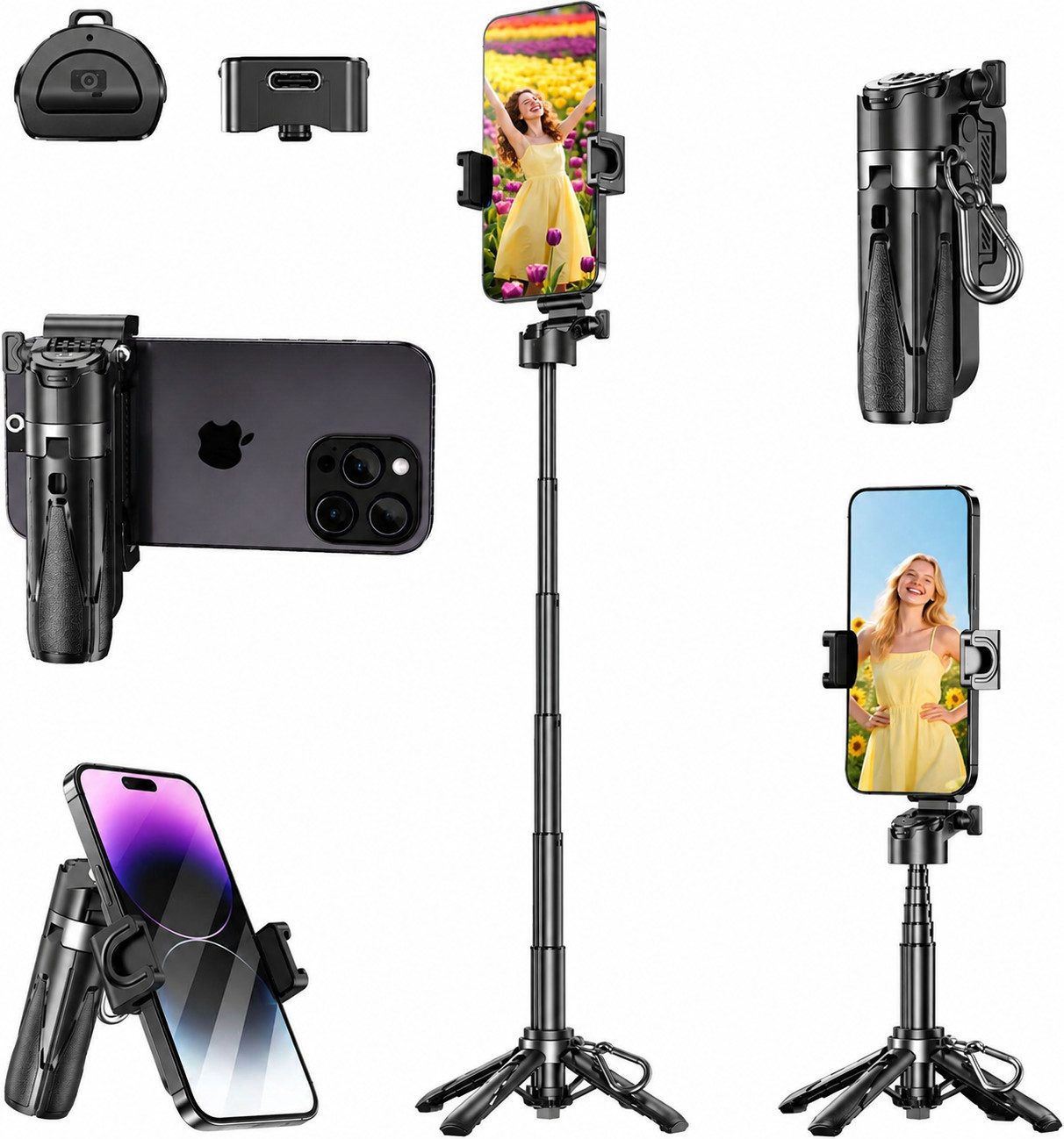 Fyrove Selfie-Stick 3-in-1 Bluetooth Selfie Stick mit wiederaufladbarer Fernbedienung, Stativ Handyhalterung, 360° drehbar, für Reisen,Vlog & Fotot