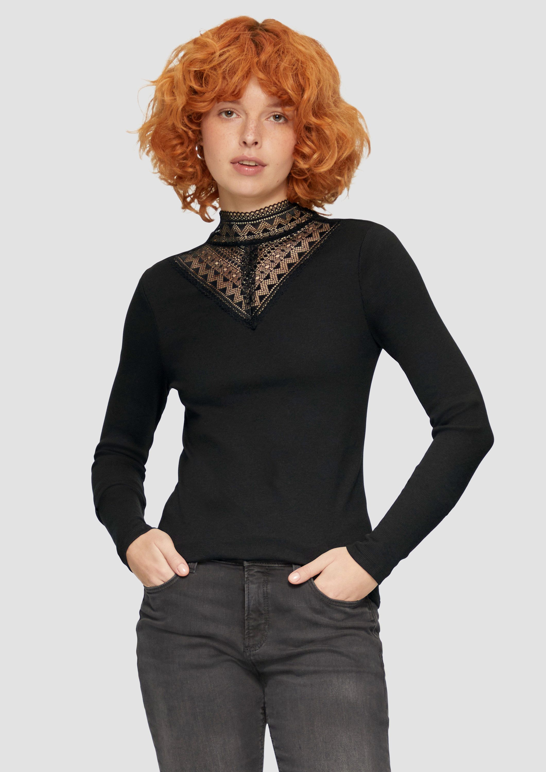 QS Langarmshirt T-Shirt Rippshirt mit Spitzeneinsatz und Stehkragen günstig online kaufen