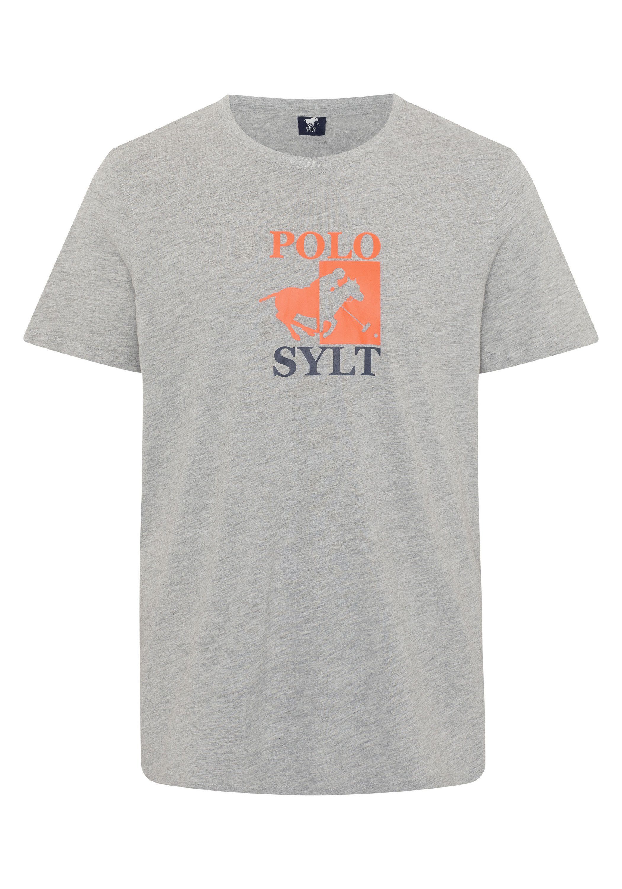 Polo Sylt Print-Shirt Melange mit Neutral großem Gray 17-4402M Logoprint