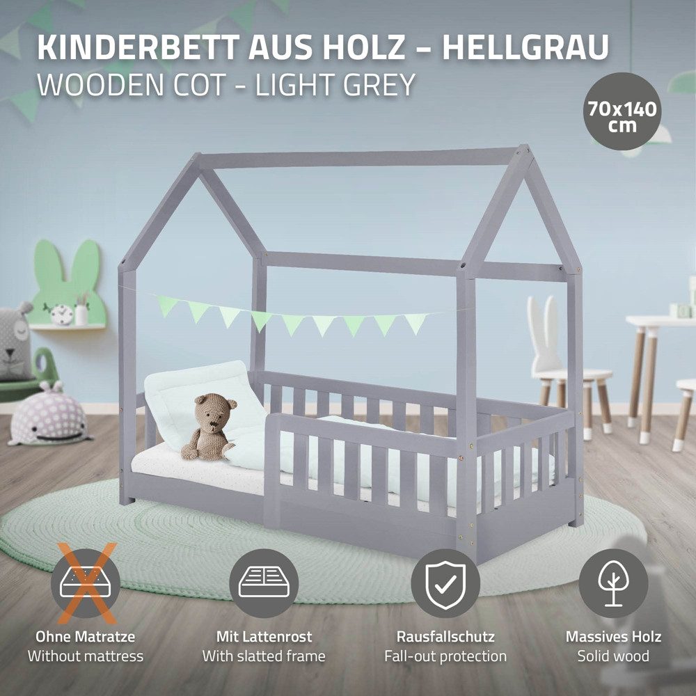 ML-DESIGN Spielbett Hausbett Kinderbett inkl. Lattenrost kreativ Bodenbett für Kinder, Abenteuerbett mit Rausfallschutz Kiefer Hellgrau Himmelbett Bettenhaus – Bild 2 von 5