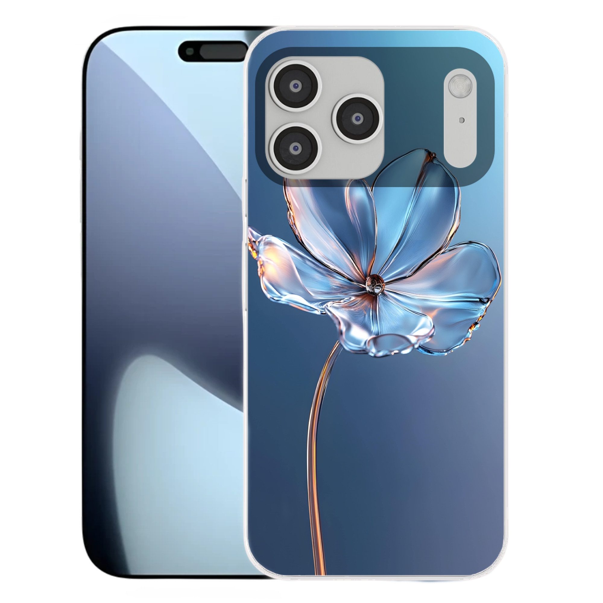 MuchoWow Handyhülle für Apple iPhone 17 Pro Max Blau - Blume - Gläser - Verziert, Smartphone-Bumper, Print, Handy Schutzhülle Dünn
