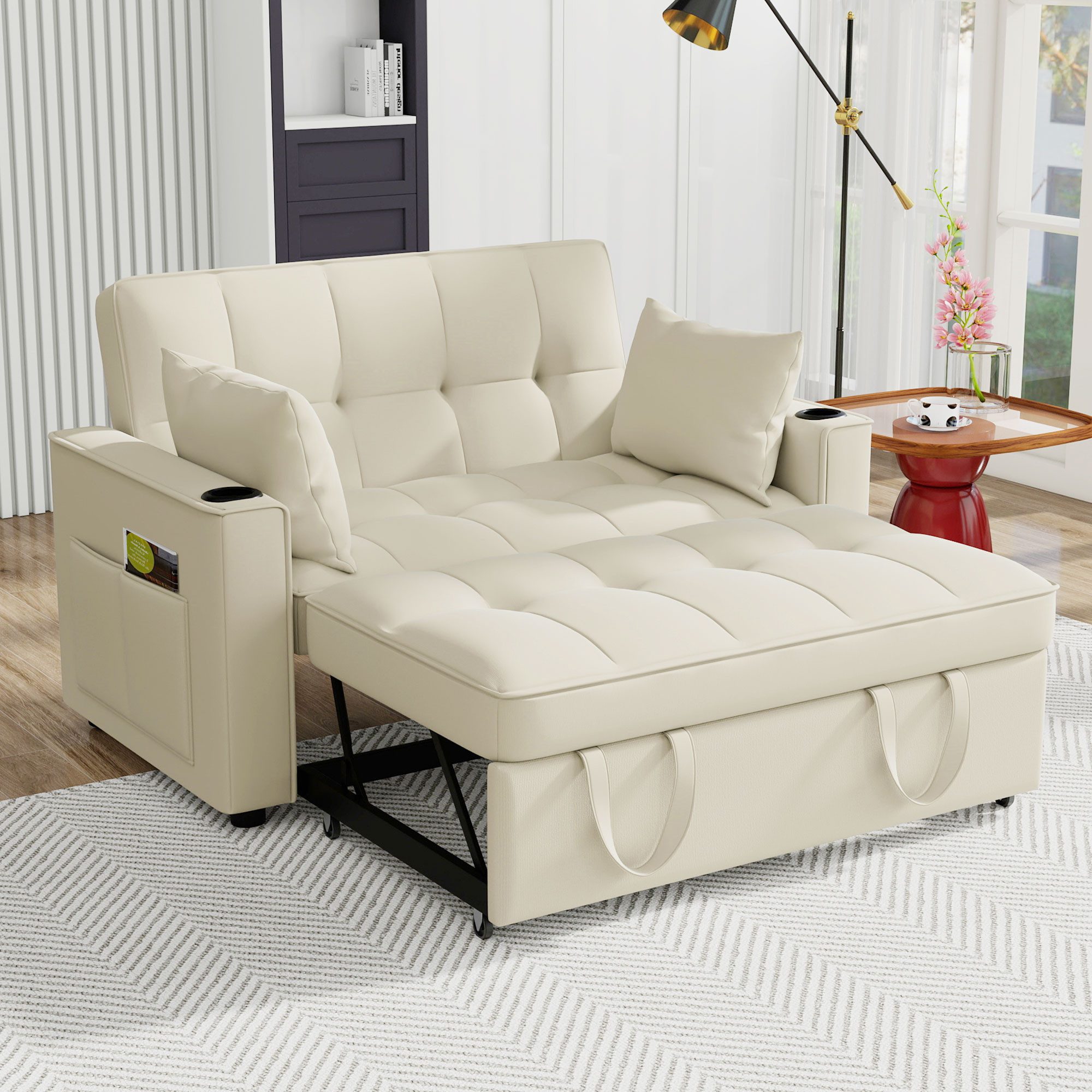 MODFU Schlafsofa Multifunktionssofa 137x83x76,5 cm, Beige, Samtbezug mit integrierter Schlaffunktion, Platzsparend für Wohn- & Gästebereich, inkl. Kissen