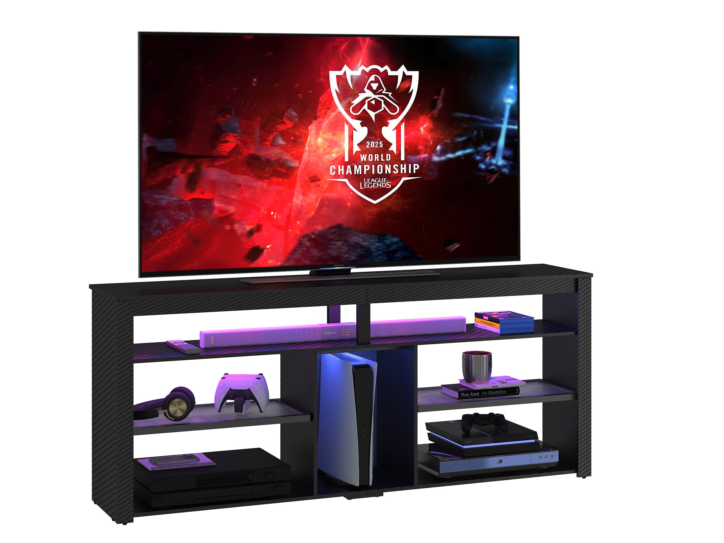 Bestier TV-Schrank 160cm Lowboard, moderne grifflose TV-Kommode, (Breite 160cm Fernsehtisch, 1 St, TV Board mit Schubladen,mit 7 Farben LED Beleuchtung) Gaming TV Board mit verstellbarem Regal, Kohlefaser Schwarz