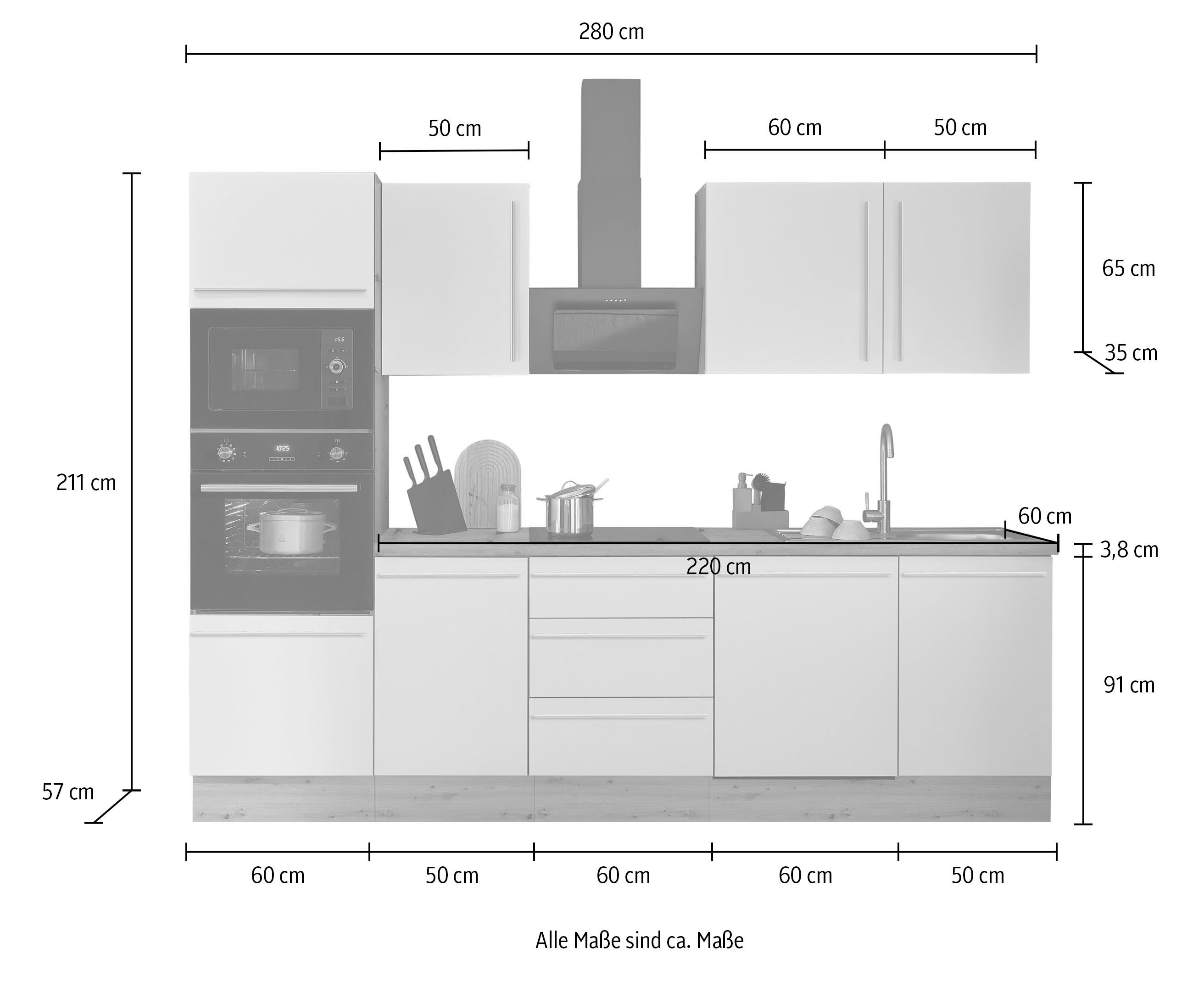 KOCHSTATION Küchenzeile Florida, Breite 280 cm, wahlweise mit E-Geräten,Softclose für Türen/Schubkästen