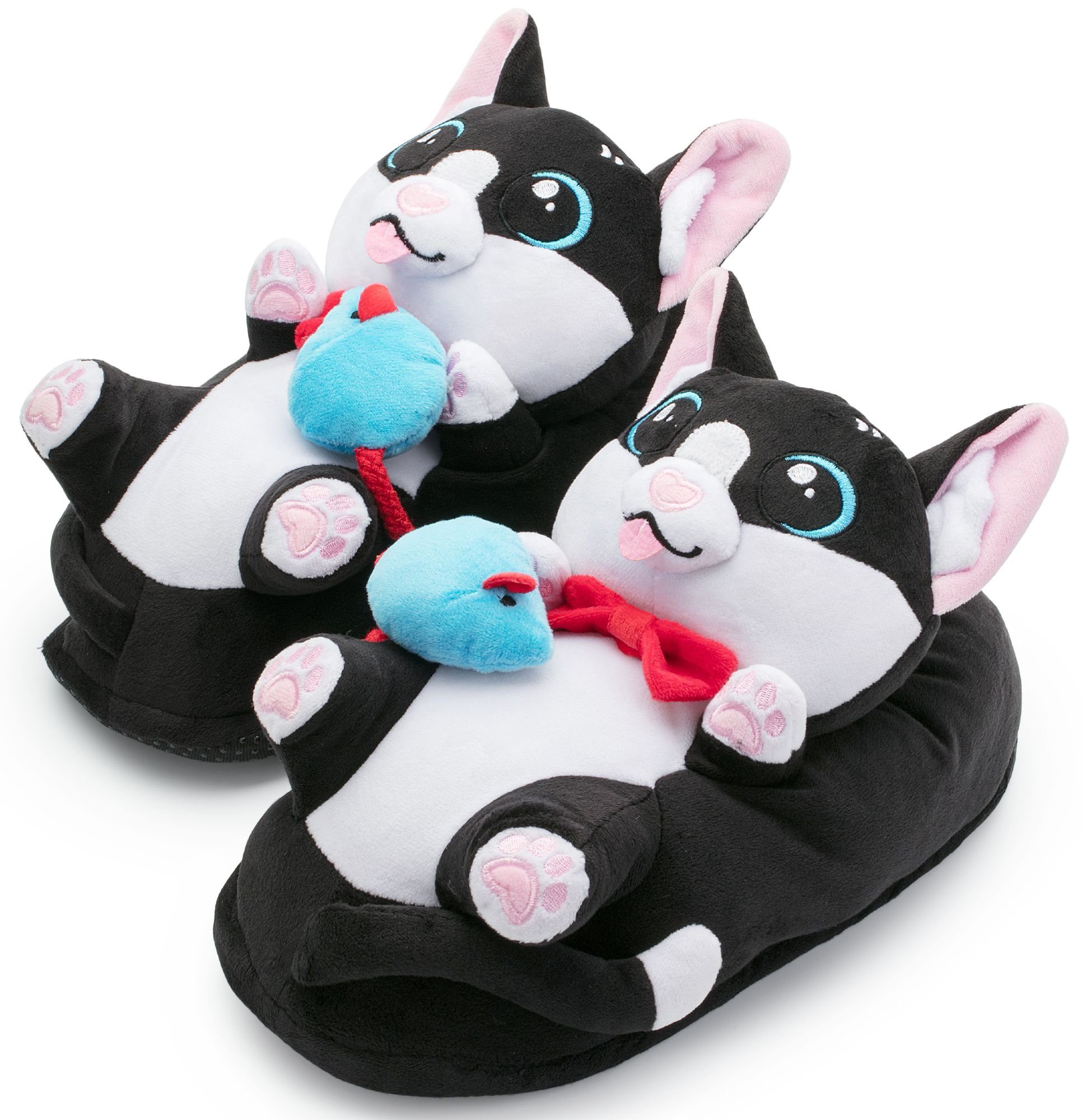 Corimori Katze Balou schwarz weiß, super warme Plüsch Hausschuhe (Packung, Geschenk) warme Tier-Pantoffeln Slipper, EU Einheitsgröße 34-44, Balou der Kater