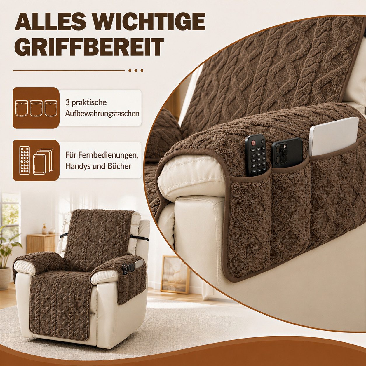 LEMLIT Sesselschoner für Relaxsessel Sesselüberwurf mit Armlehne Sesselauflage Anti-Rutsch, Sessel-Schutzbezug kratzfest,für Sofa & Fernsehsessel mit Kindern/Hu – Bild 3 von 5