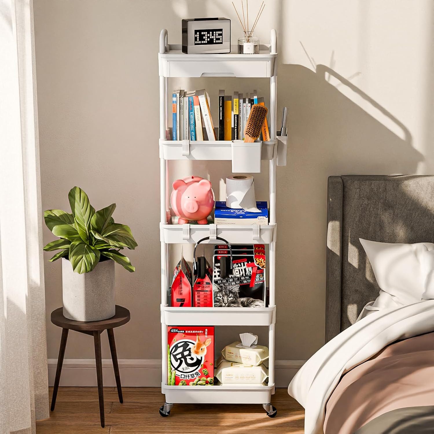 SPACEKEEPER Regal 5-stöckiger Rollwagen mit Schublade – Badorganizer & Küchenorganizer, 1-tlg., Mobiler Aufbewahrungswagen für enge Nischen, Küche & Wäscherei