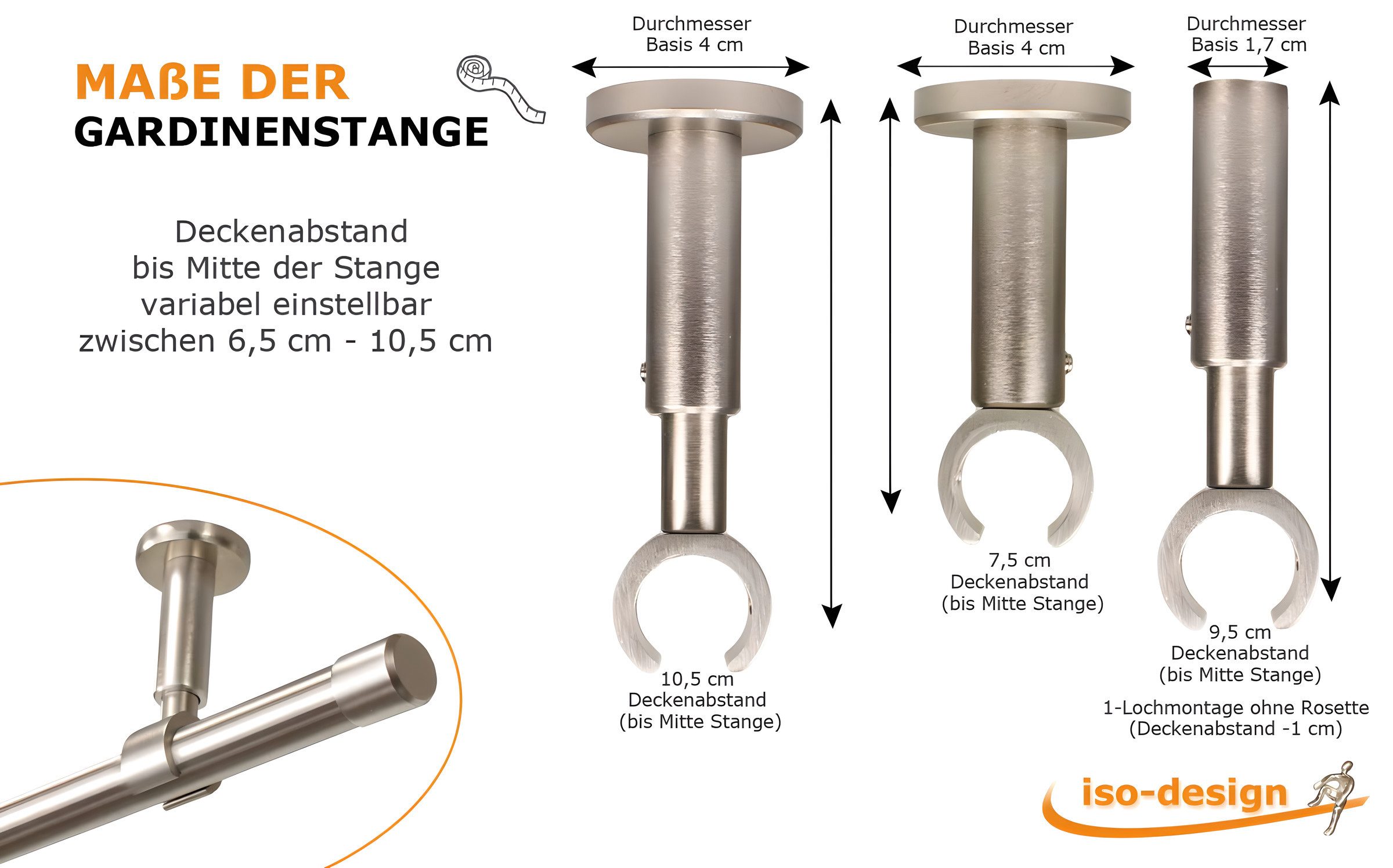 iso-design Gardinenstange Set zur Montage an der Decke mit 20 mm Durchmesser 1-läufig, Ø 20 mm, 1-läufig, Deckenmontage, geschraubt, Aluminium, Variabler Decken – Bild 5 von 5