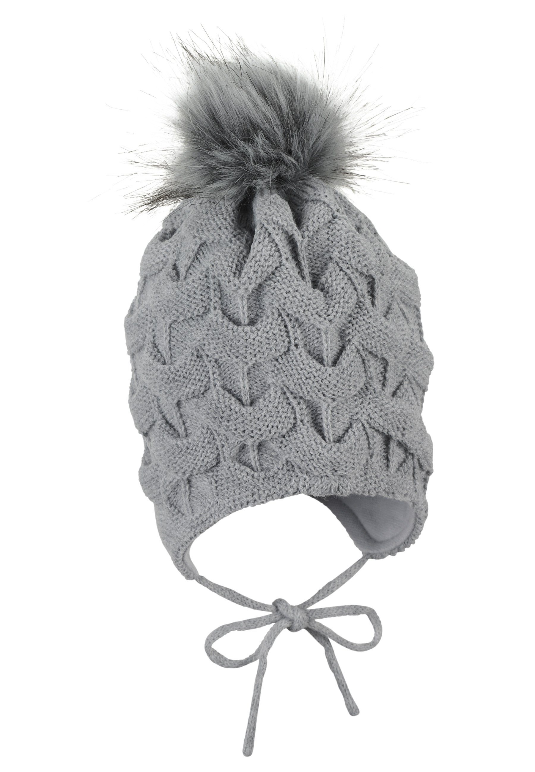 Sterntaler® Strickmütze Strickmütze (1-St., Strick gefüttert mit gefüttert Mütze für mit Baumwollfleece) melange Beanie mit silber Kinder Kunstfell-Pompon Fleece