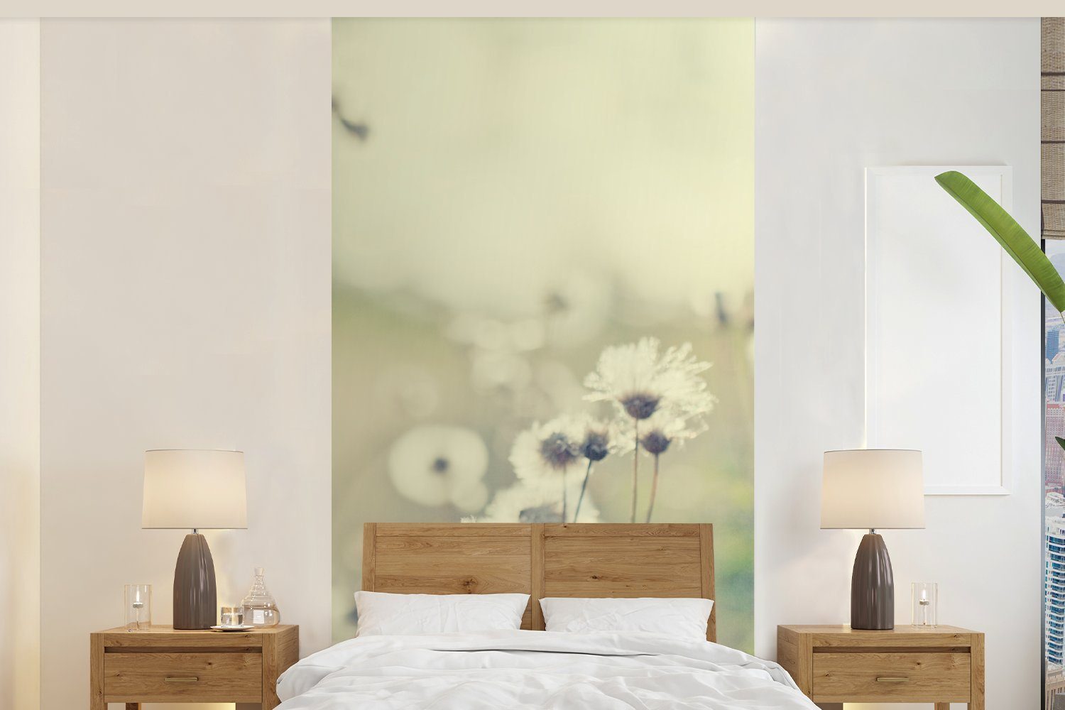MuchoWow Fototapete Blumen - Feld - Weiß, Matt, bedruckt, (2 St), Vliestapete für Wohnzimmer Schlafzimmer Küche, Fototapete