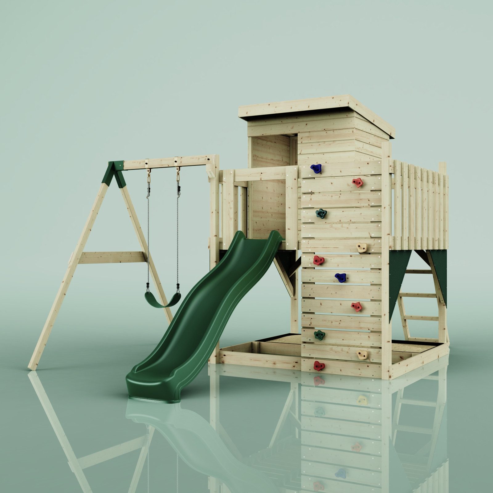 OutdoorToys Spielturm Alma, aus Holz in Dunkelgrün mit Kinderschaukel & Rutsche, Kletterwand