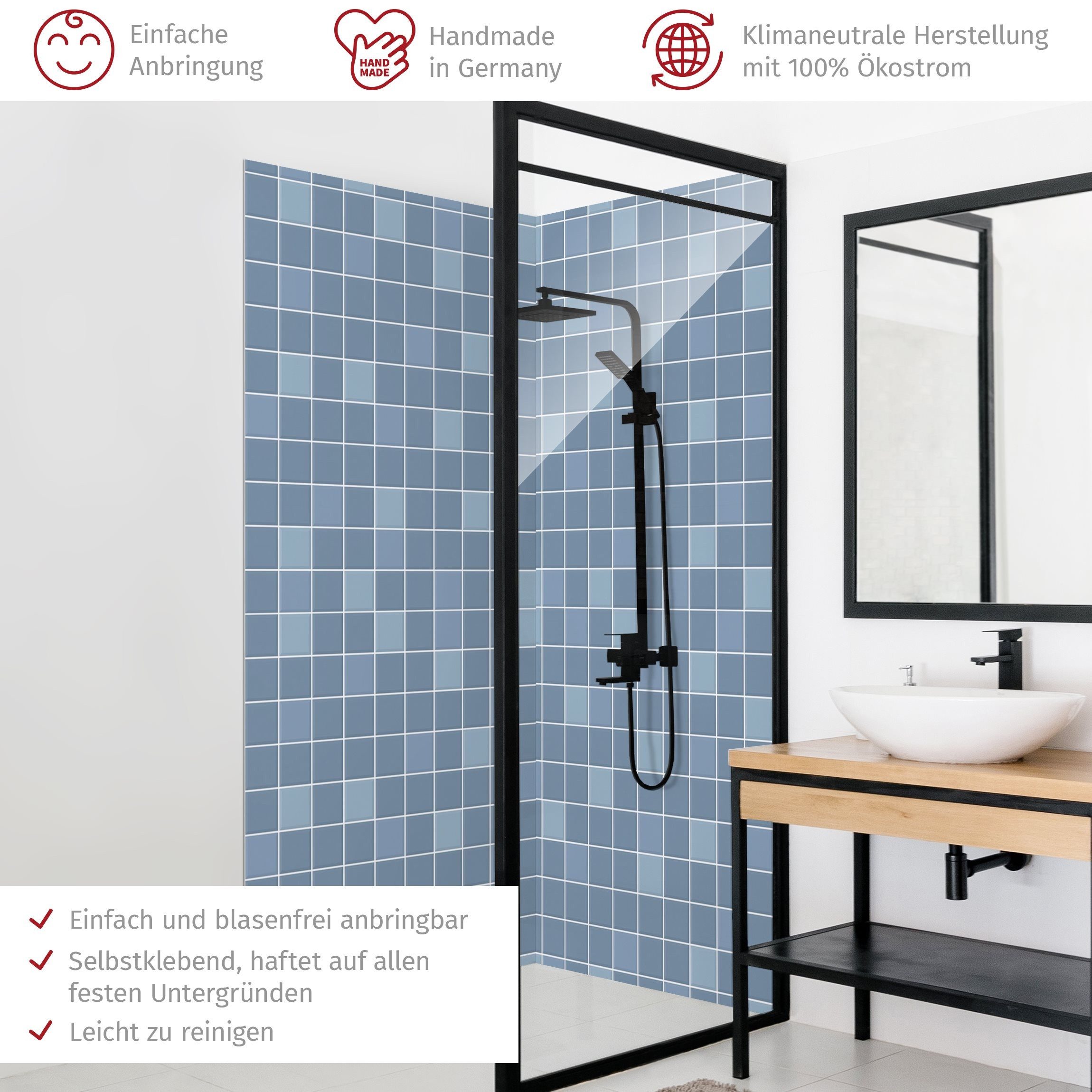Thumbnail - Bilderdepot24 Badrückwand Mosaik blau Badrückwand ohne Bohren Dusche Fliesenoptik, (2-tlg., Hart-Folie Premium matt 0,61...