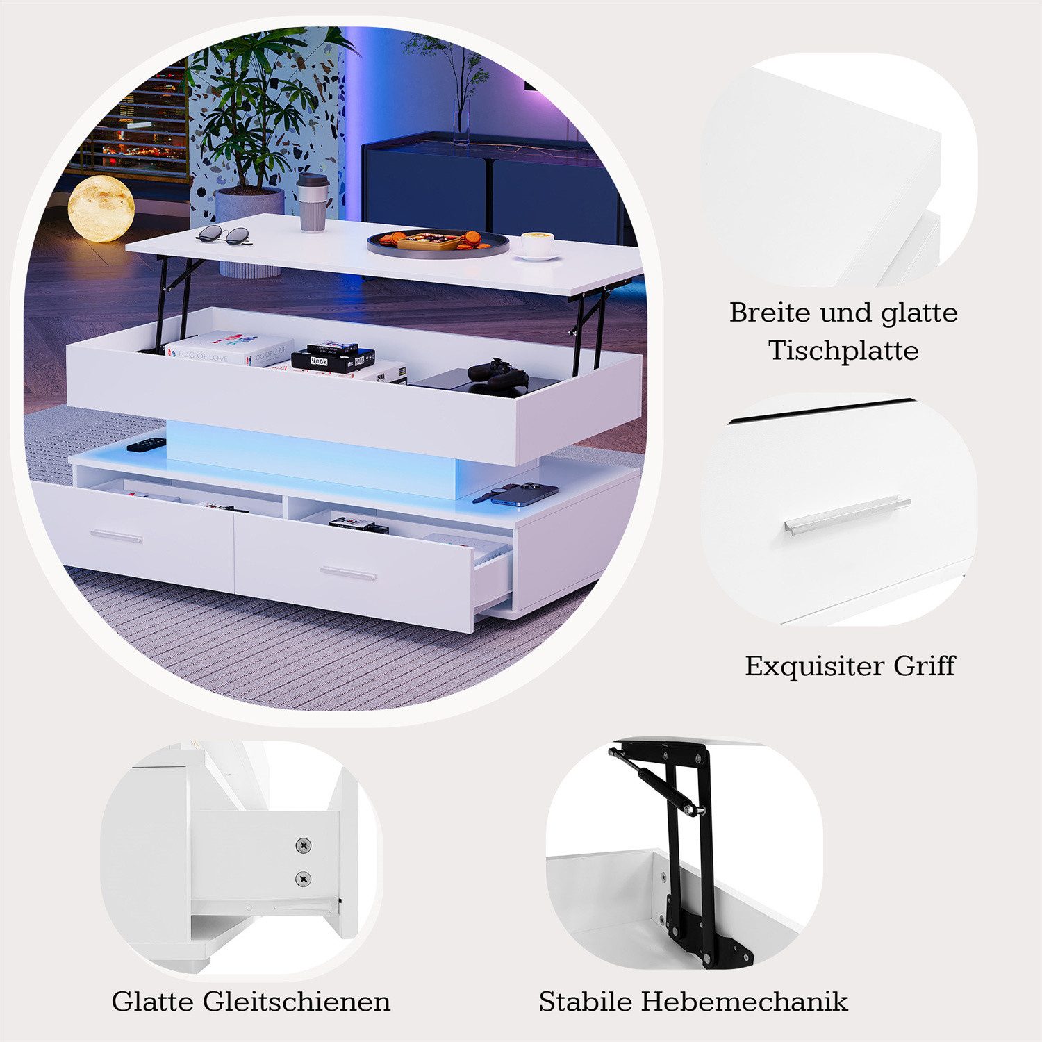 autolock Couchtisch hydraulisch höhenverstellbarer Couchtisch, mit LED-Bele günstig online kaufen