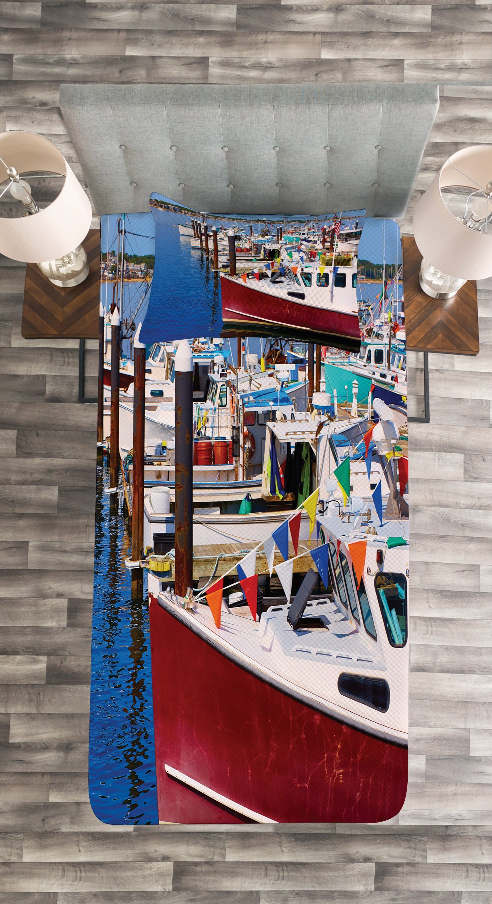 Tagesdecke Massachusetts Boote Kissenbezügen Waschbar, Abakuhaus, mit Pier Nautical Set