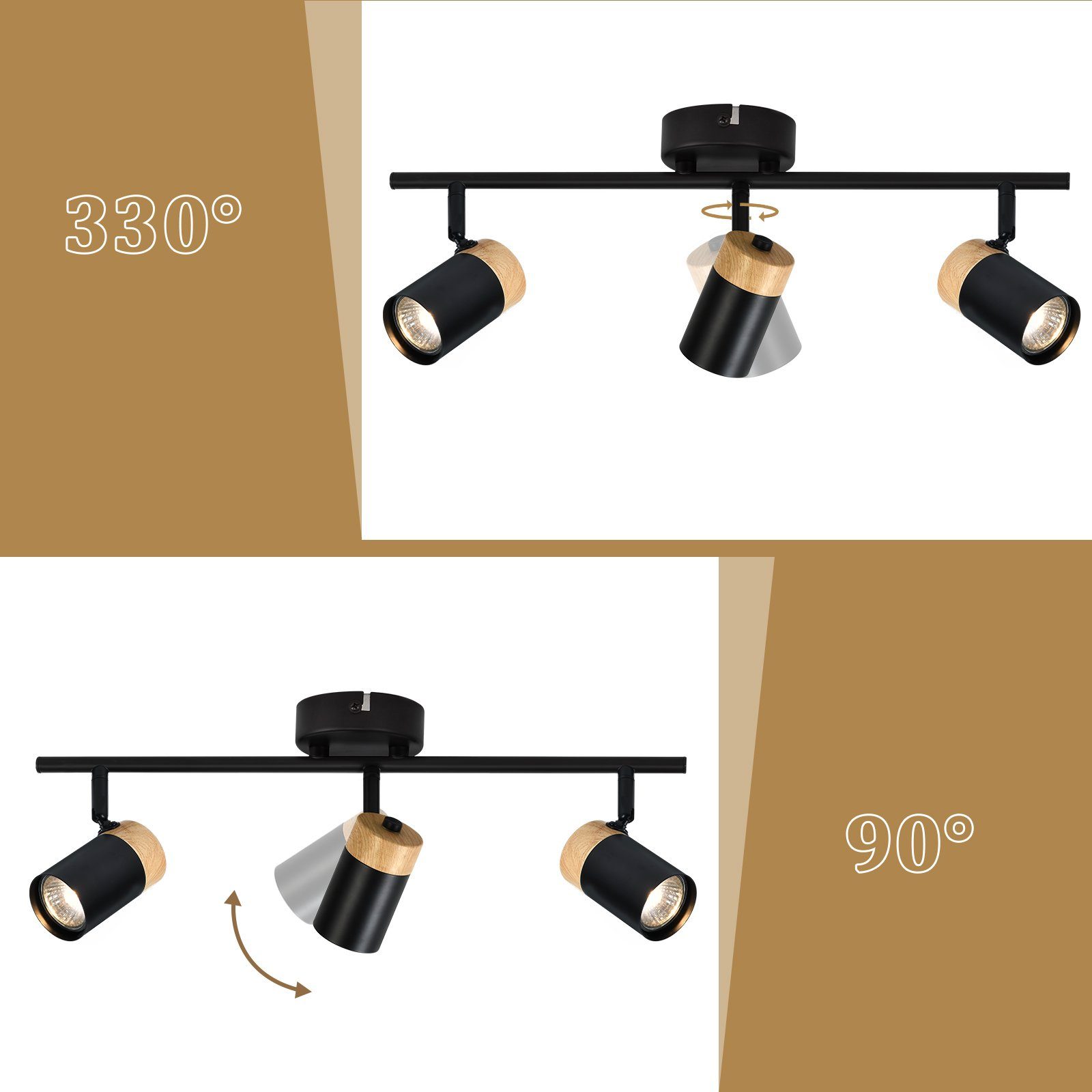 ZMH Deckenleuchte 2/3/4 Flammig Deckenstrahler Schlafzimmer Holz GU10 - Schwenkbar 330°, Hochwertige Material, ohne Leuchtmittel, Spotlight für Flur, Schlafzimm – Bild 5 von 5