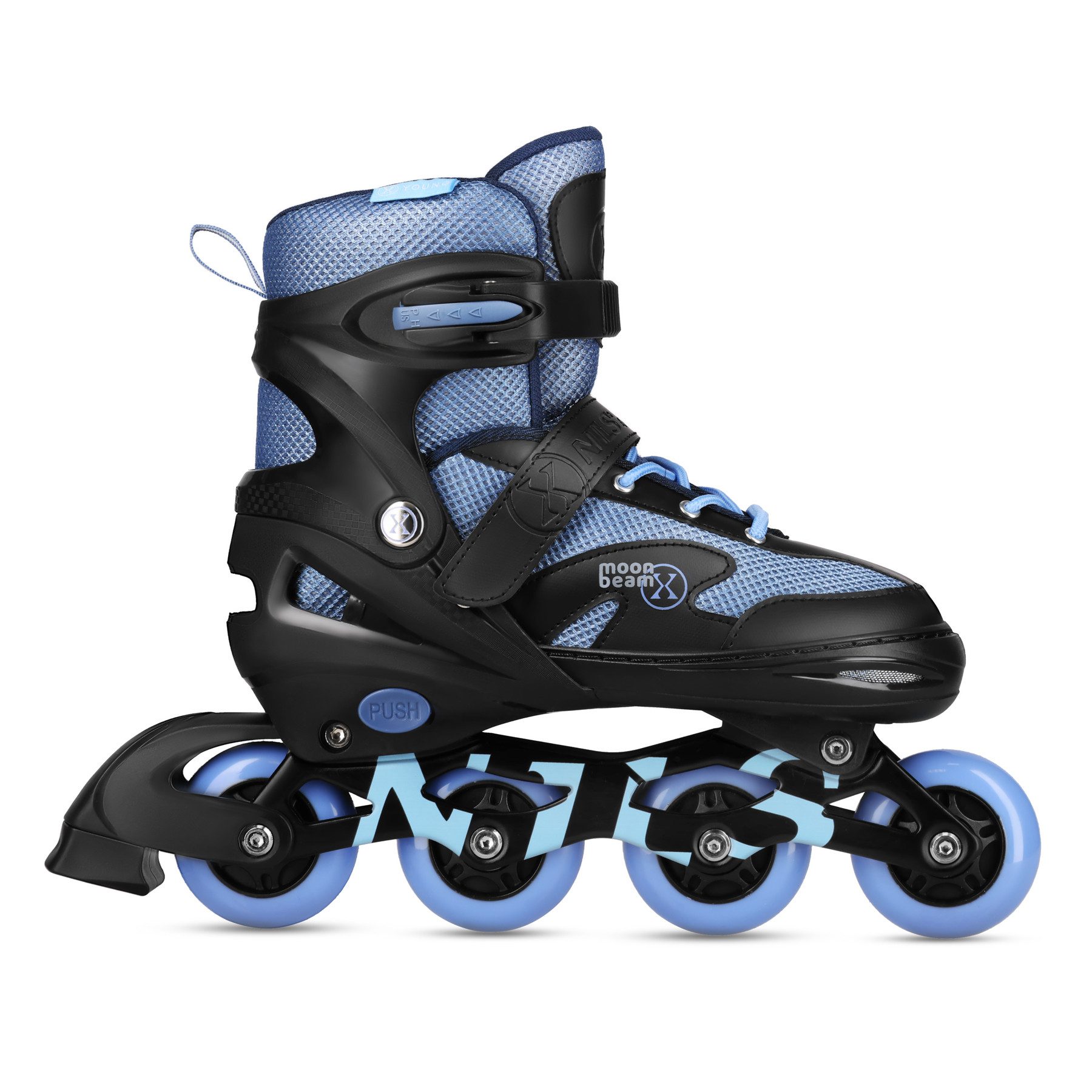 NILS EXTREME Inlineskates Inliner Moonbeam Blau Skates verstellbare Größe + Schützer Set, Komplettset mit LED-Rollen