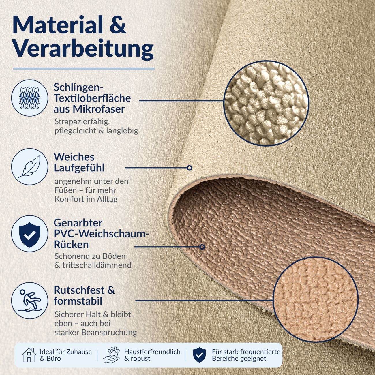 ANRO Küchenläufer HomeLoop Meterware Mikrofaser Küchenmatte rutschhemmender Rücken, Rechteckig, Höhe: 3 mm, saugstark zuschneidbar Größe: 100x60cm Einfarbig Beige