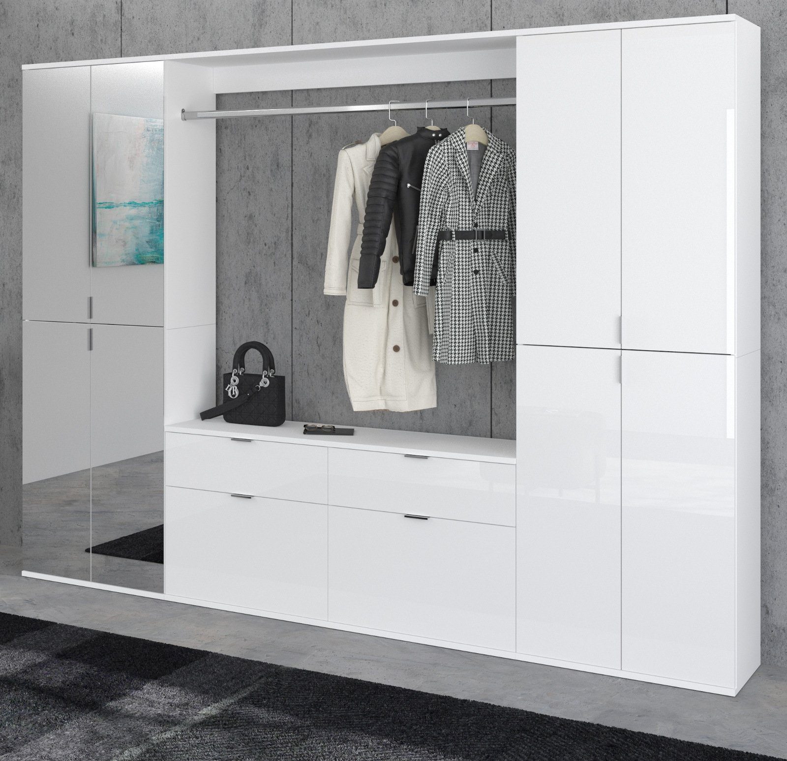 xonox.home Garderoben-Set ProjektX, (Garderobe und Schuhschrank in weiß Hochglanz, 243 x 193 cm), variable Inneneinteilung