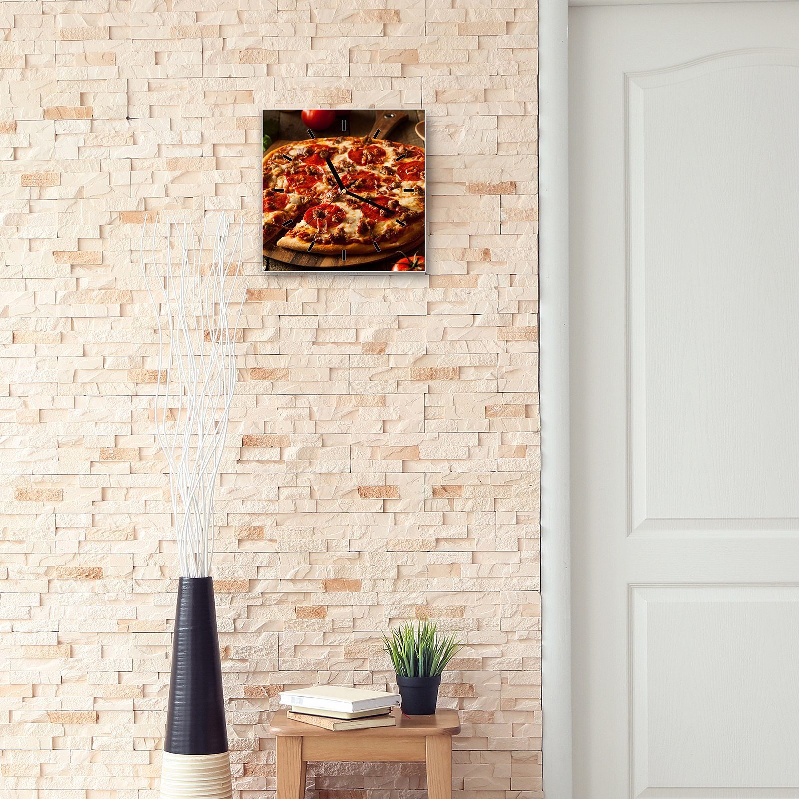 30 mit auf 30 Pizza Wanduhr Motiv x cm Glasuhr Größe Wandkunst Primedeco Holzplatte Wanduhr