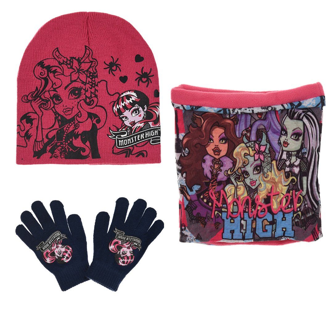 Kinder Loop Monster High Mütze Gr. Monster 3tlg Set 52 54 Schlupfmütze Girls Handschuhe Pink-03 Wintermütze bis High