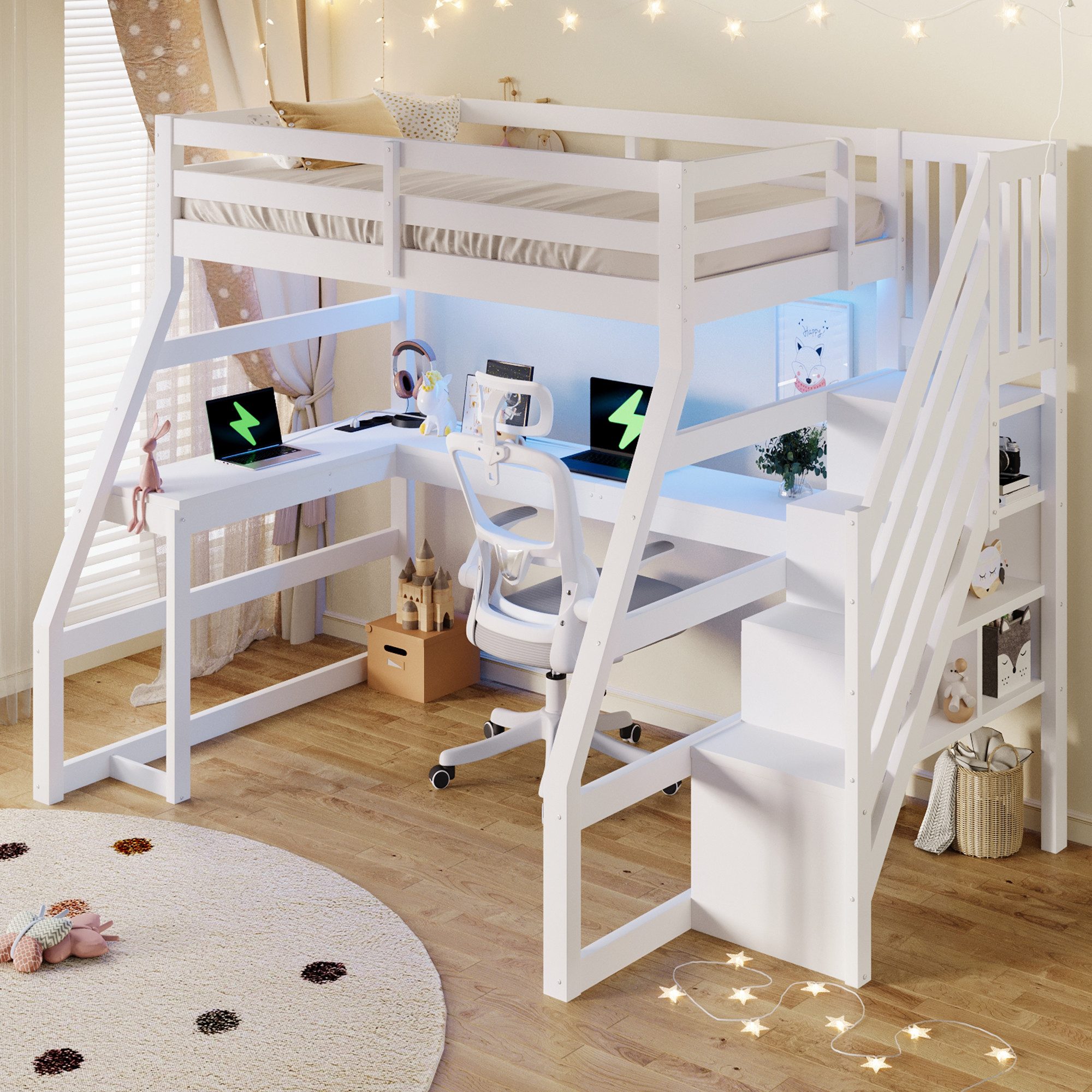 MODFU Hochbett Kinderbett Jugendbett (LED-Beleuchtung, USB-Anschluss und Treppe mit Stauraum, Weiß, 1-St., 254 x 145 x 170)