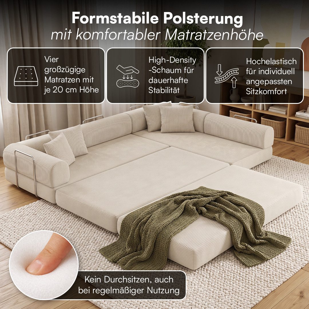 skølm Sofa & Sessel Lofn aus Vollschaum Cord, umwandelbar zum Schlafsofa/-Sessel, Beige, Ecksofa 300 cm breit, 4 Sitzer, kein Aufbau erforderlich, vakuumiert – Bild 2 von 5