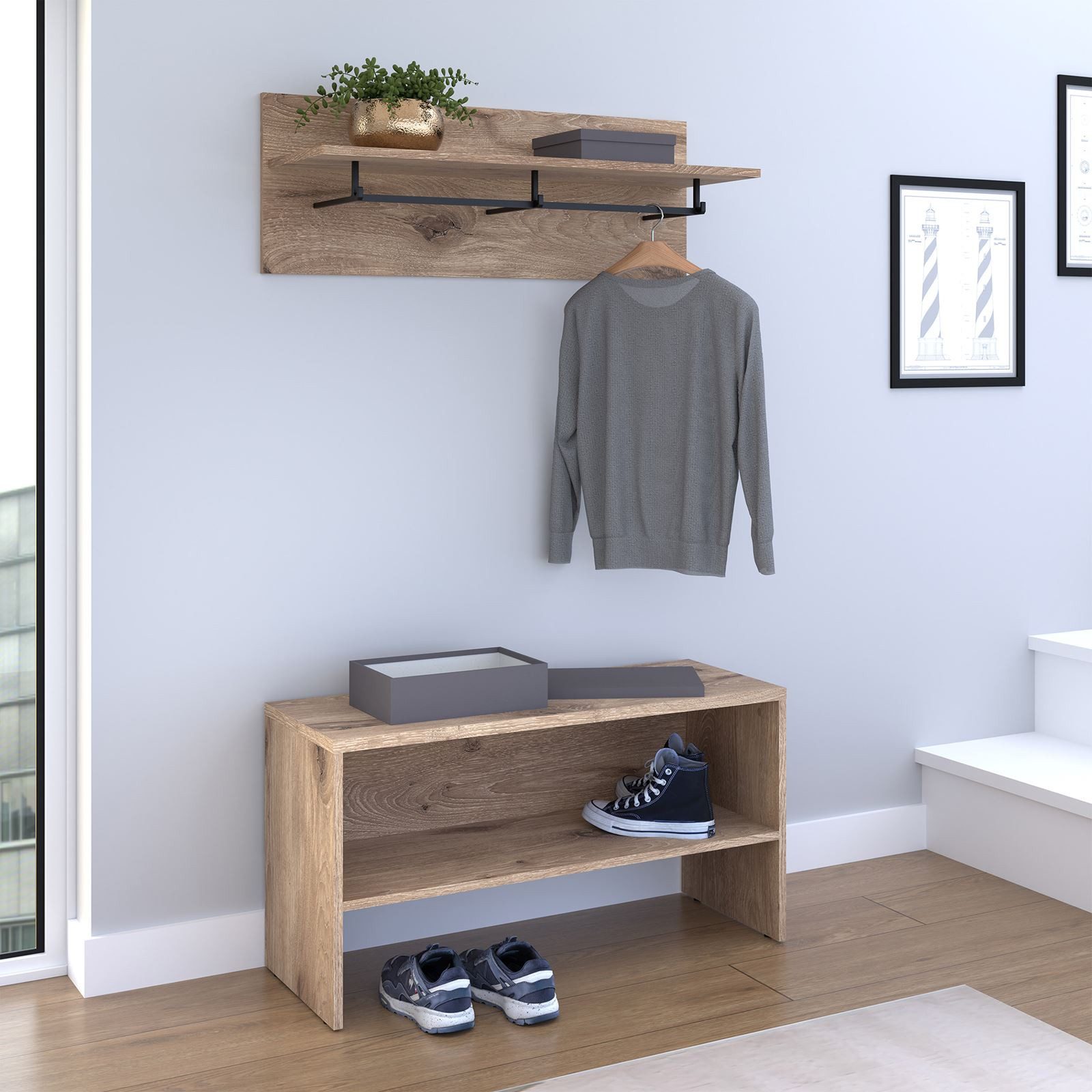IDIMEX Wandgarderobe MALEA, Garderobenset mit Wandgarderobe Sitzbank Schuhablage Viking Eiche
