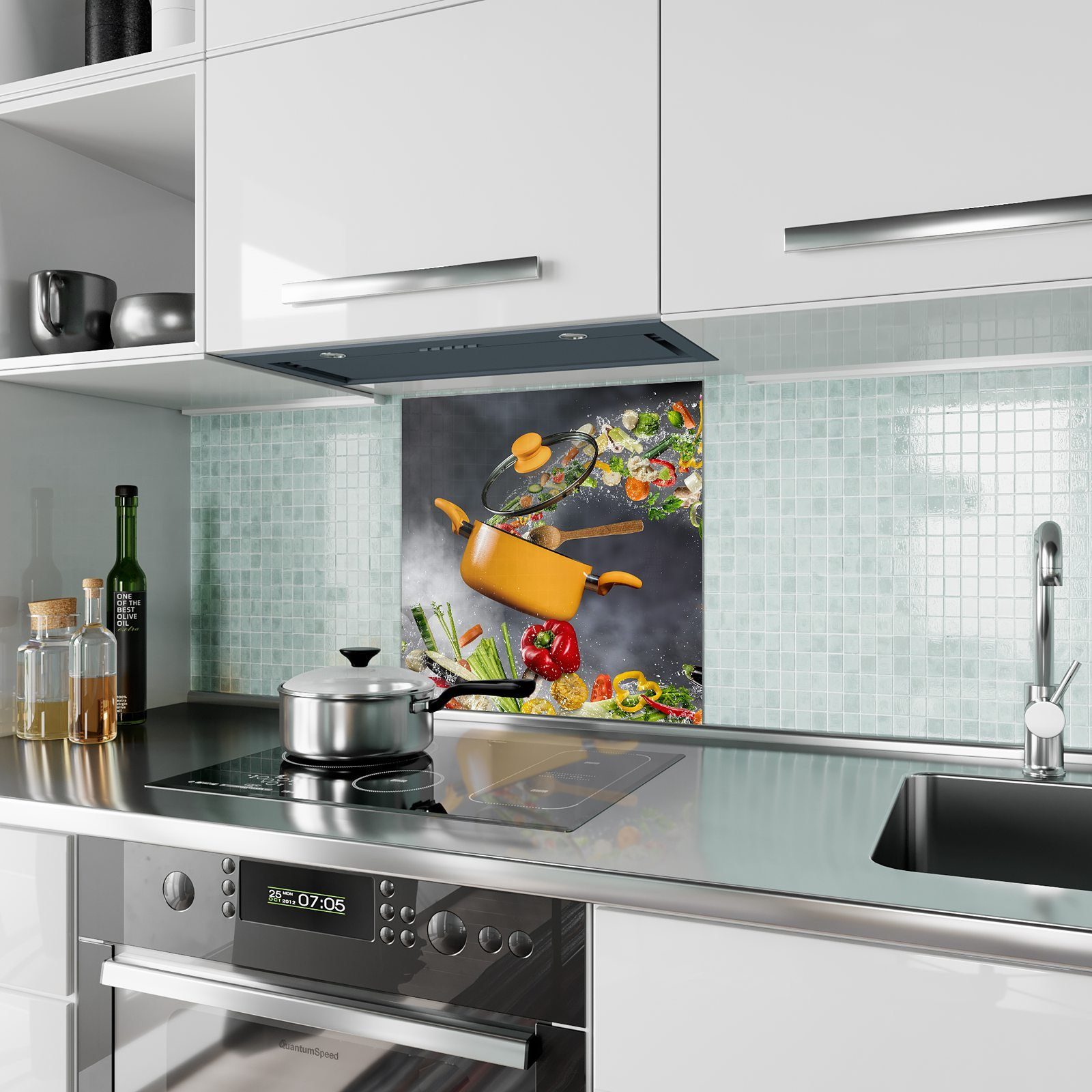 Küchenrückwand Küchenrückwand Topf aus Spritzschutz mit Glas Motiv Gemüsewelle Primedeco
