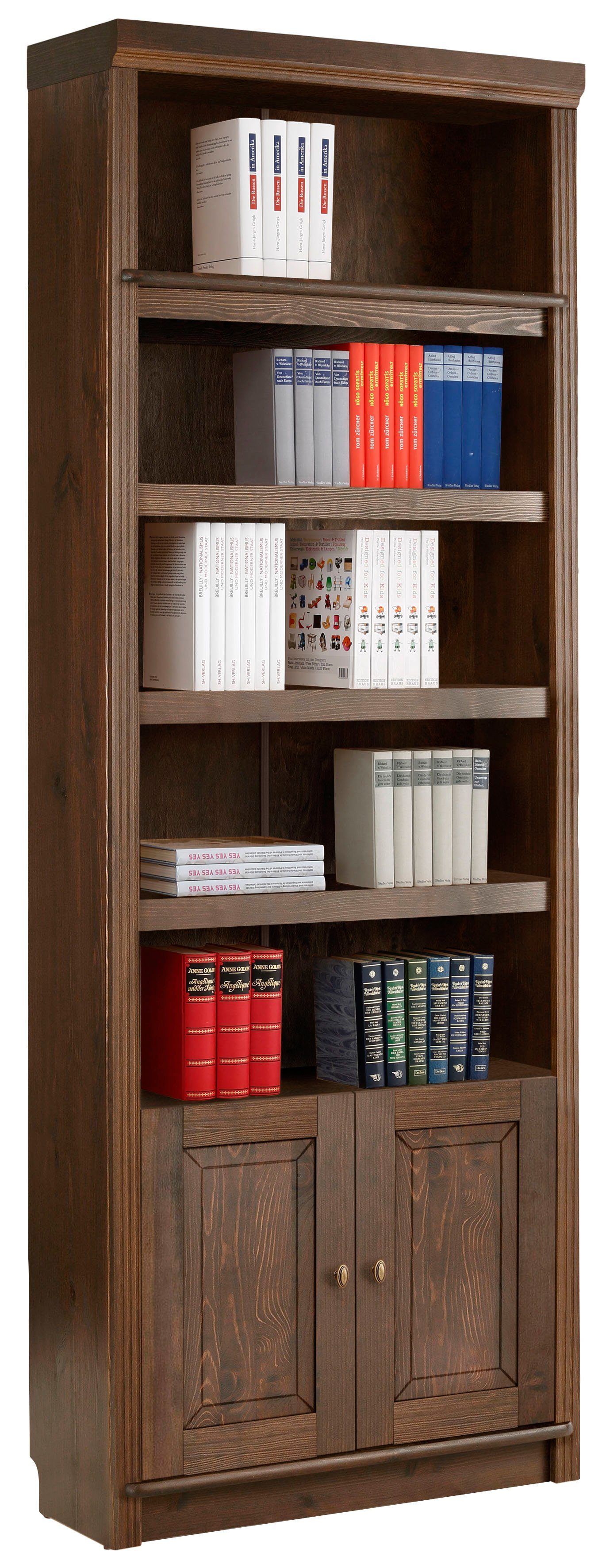 Home affaire Bücherregal Soeren, aus massiver Kiefer, Höhe 220 cm, mit 2 Holztüren, viel Stauraum dunkelbraun
