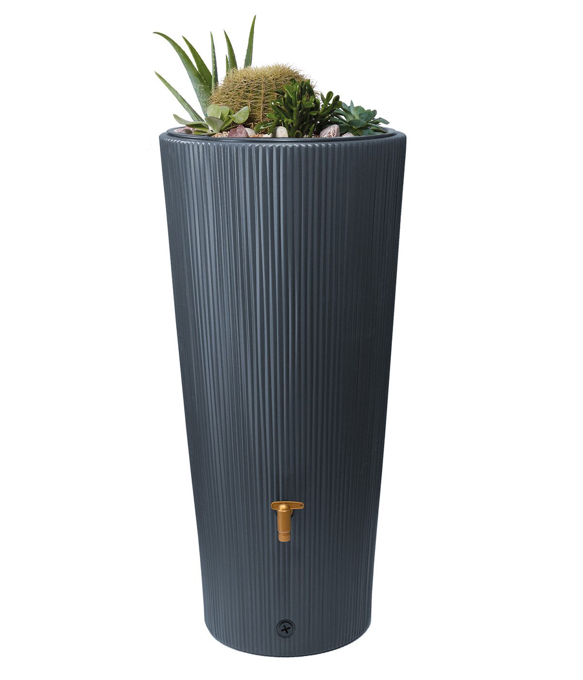 4rain Regentonne Regenspeicher Vaso Decor, Höhe 120 cm, Ø 58 cm, Kunststoff, grau, 220 l, Regentonne inkl. Pflanzschale, Entnahmeset und Filtermatte