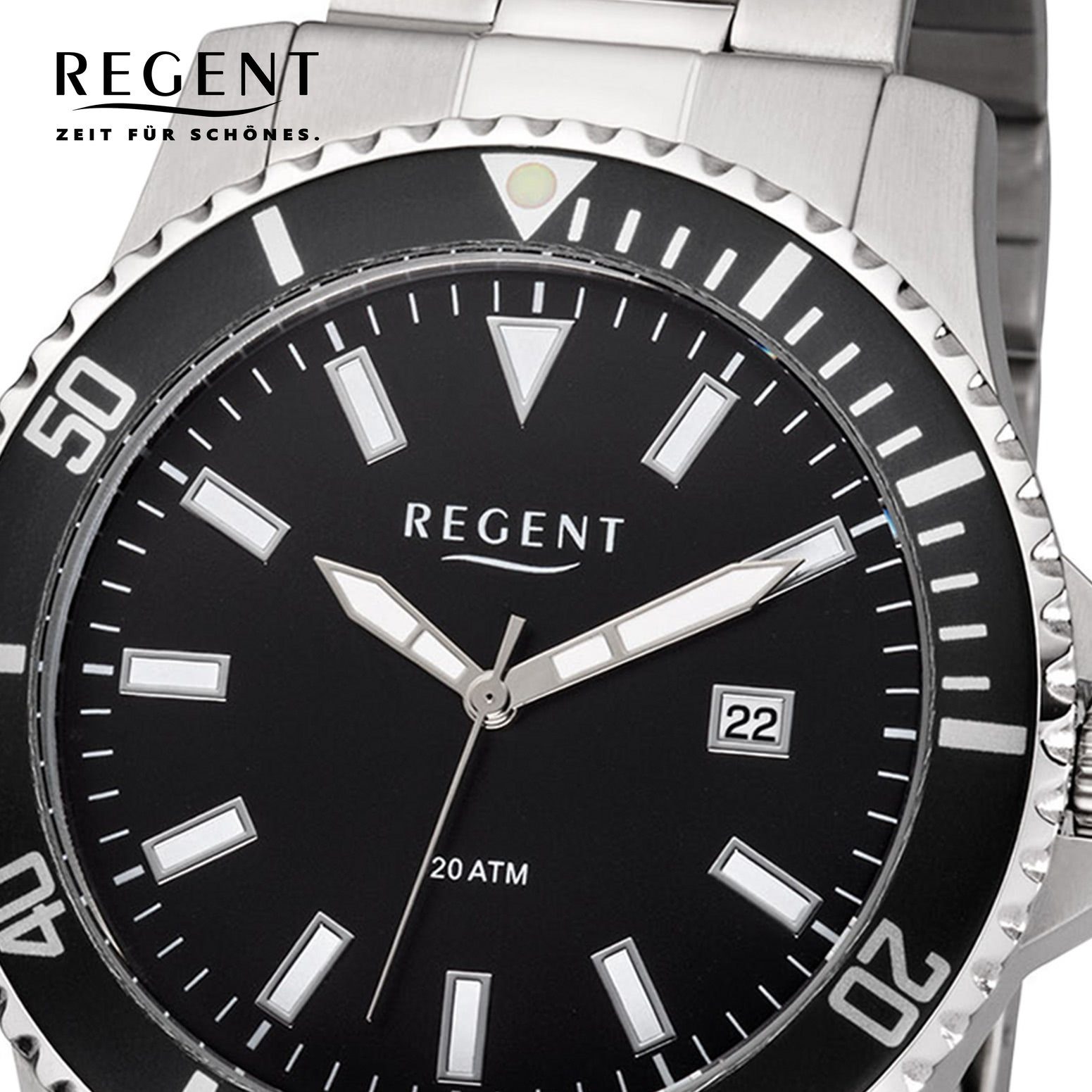 Regent Quarzuhr Regent Herren Uhr F-1183 Metall Quarz, Herren Armbanduhr  rund, groß (ca. 43mm), Metallarmband
