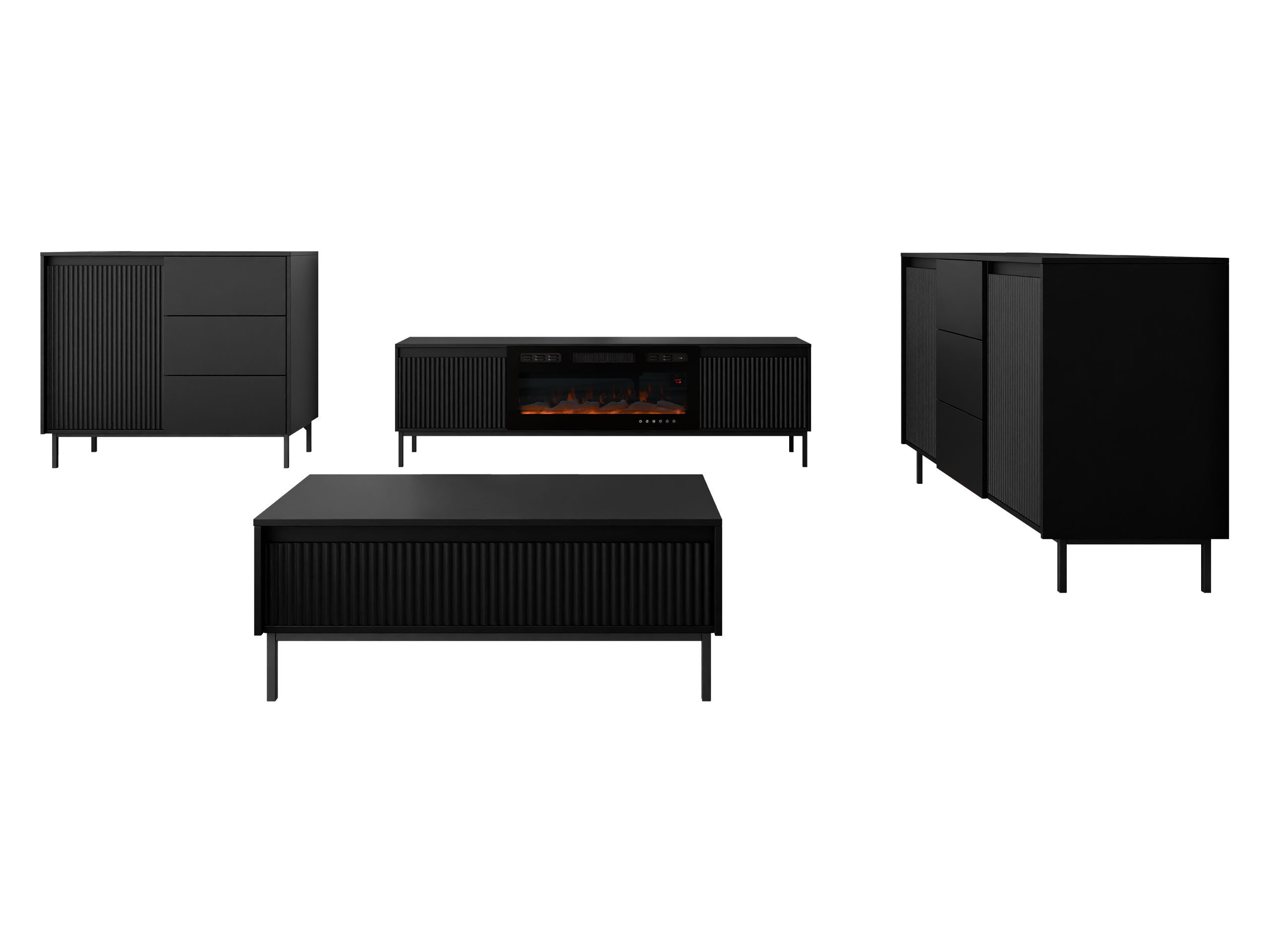 MIRJAN24 Wohnzimmer-Set Ozmi III, (2x Kommode, TV-Lowboard mit Kamin, Couchtisch), Realistische LED-Flamme