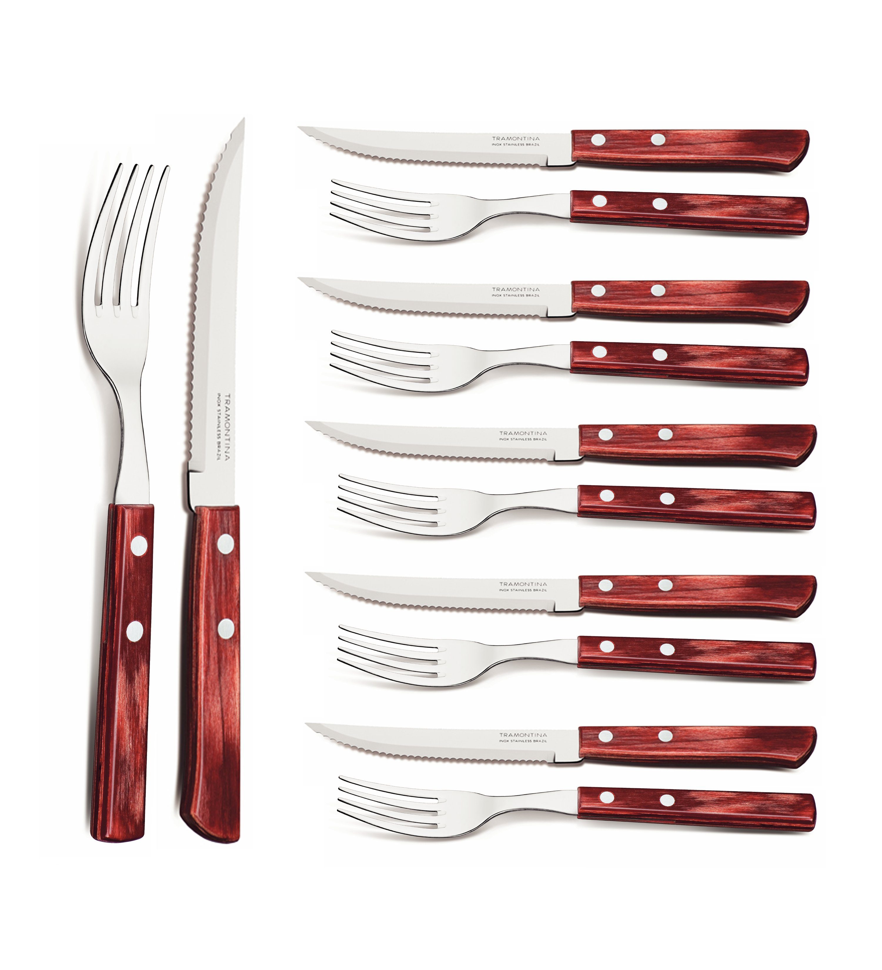 Tramontina Steakbesteck Pizzabesteck, 12-tlg. Set - mit FSC Holzgriff (12-tlg), 6 Personen, Edelstahl, scharfe Klinge, FSC Echtholzgriffe, spülmaschinenfest