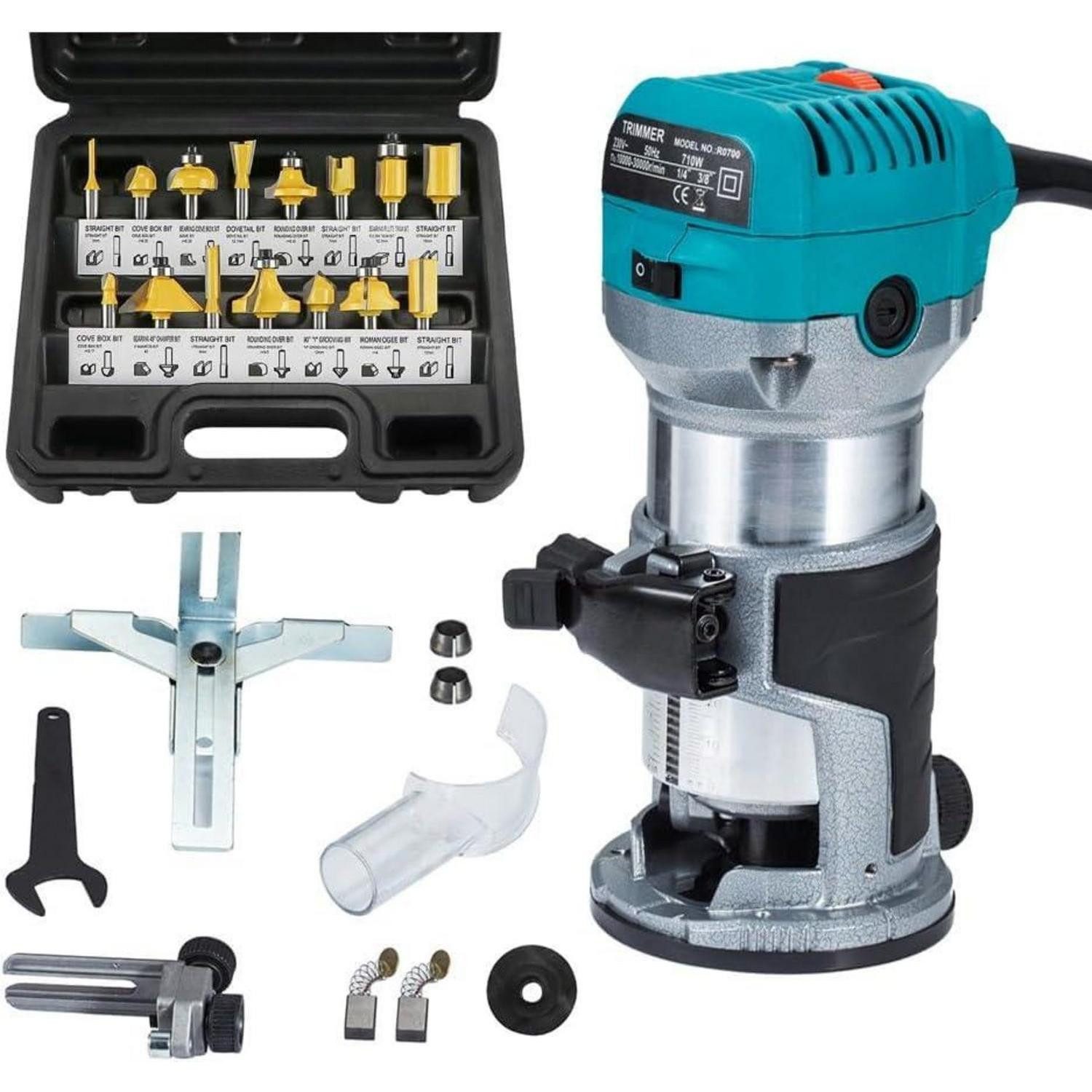 LuxusKollektion Fräsbohrer Oberfräse Einhandfräse 710 W Kantenfräse 15-tlg Hartmetall 6,35 mm