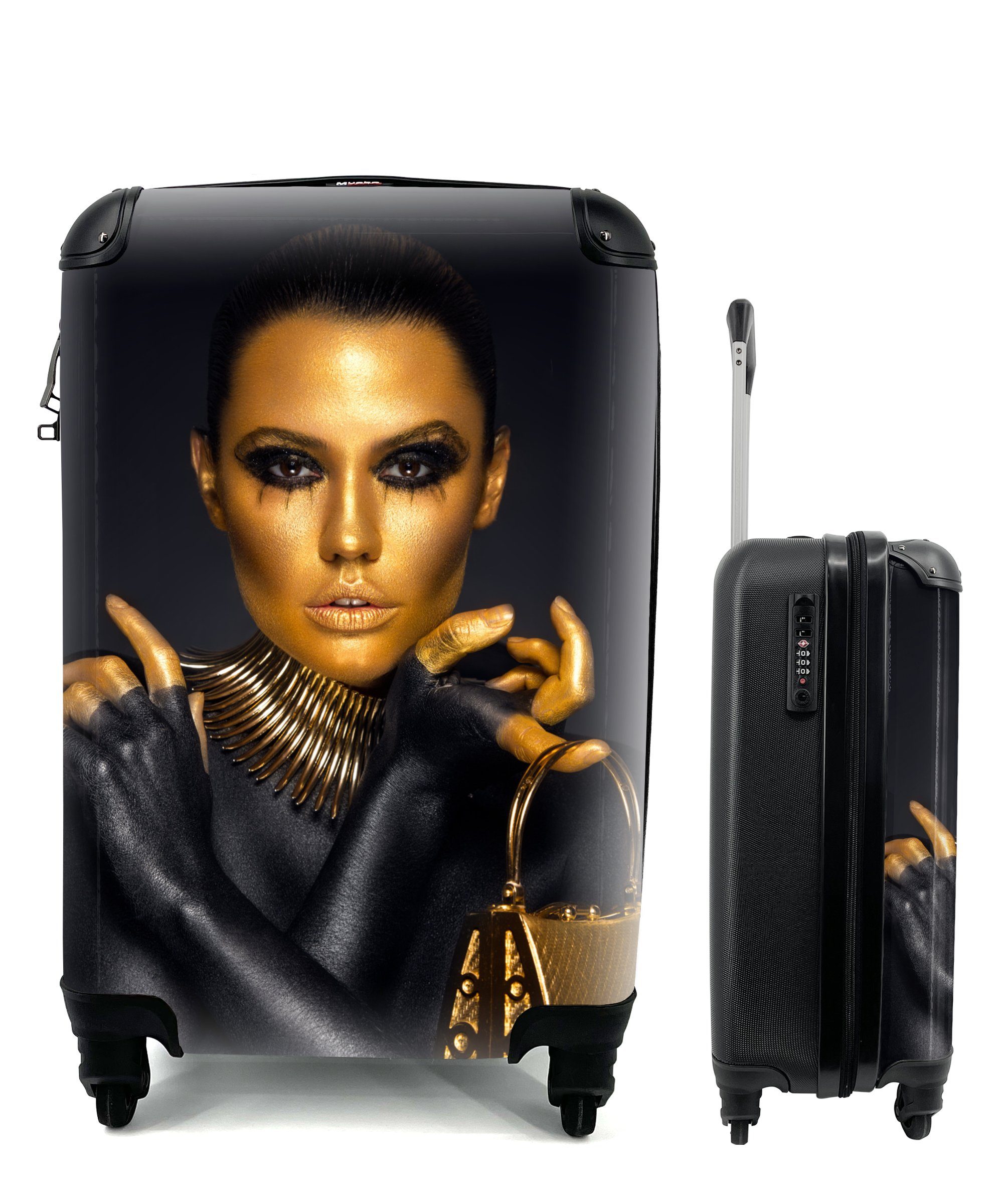 MuchoWow Handgepäckkoffer Make-up - Tasche - Gold - Luxus - Frau, 4 Rollen, Reisetasche mit rollen, Handgepäck für Ferien, Trolley, Reisekoffer