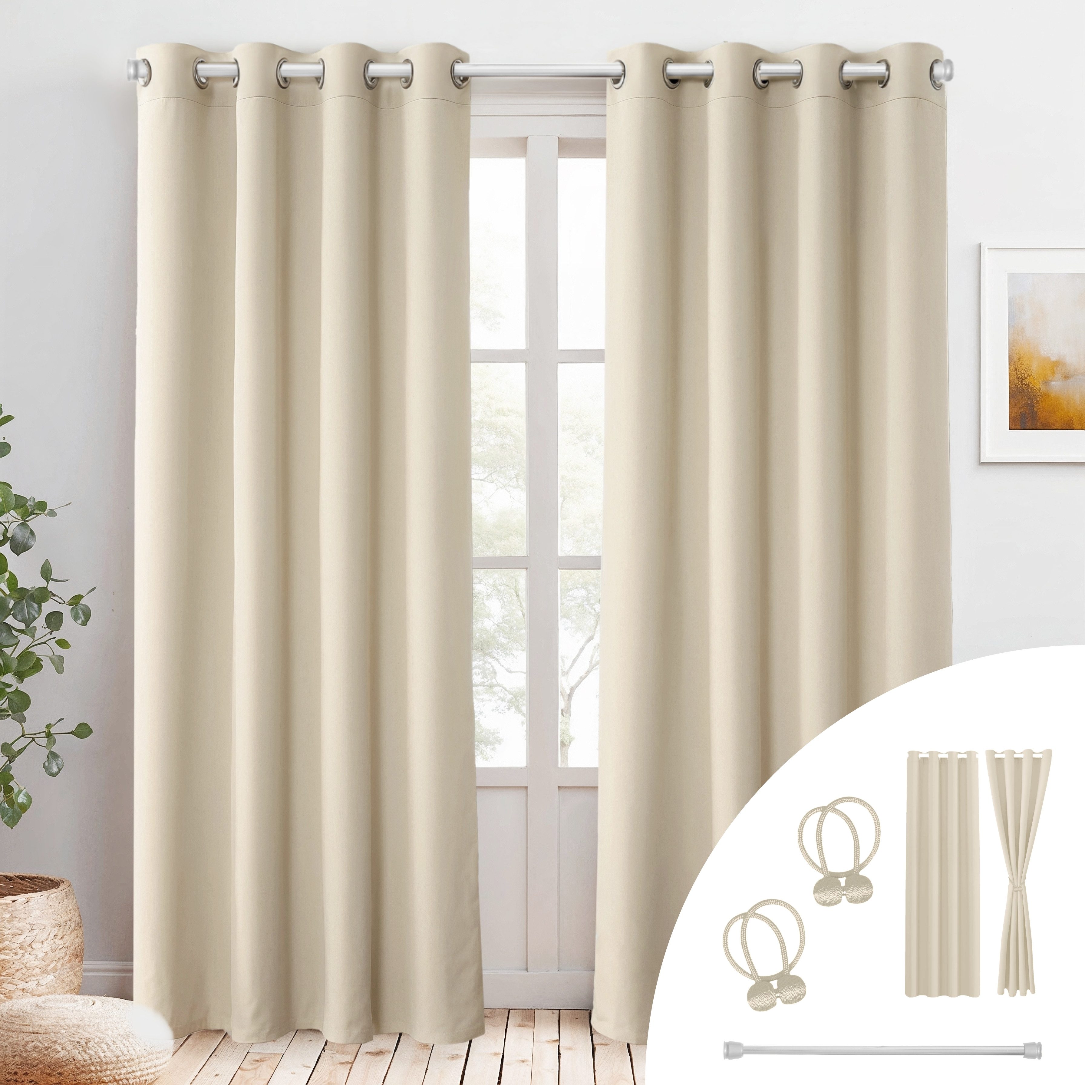 Cozyor Vorhang Set mit 2x Gardine + 2x Vorhanghalter + 1x Gardinenstange ohne Bohren (2 St), Ösen, verdunkelnd, Verdunklungsstoff, Raumteiler blickdicht, Thermovorhang 240x135cm inklusive Magnethaltern