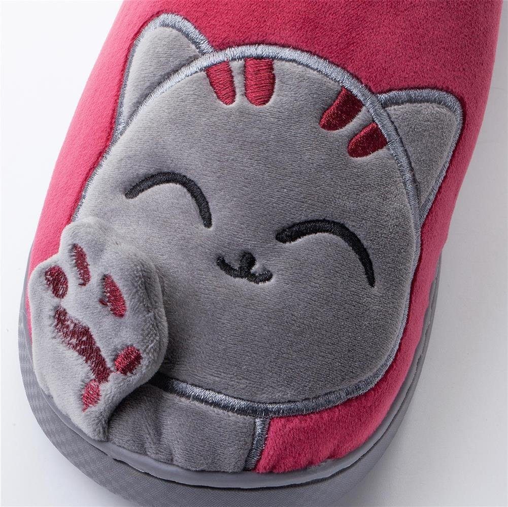 Katara Tier Pantoffeln Gr. 34-41 (Einhorn, Katze, Hase) Plüsch Hausschuhe Hausschuhe, weich, warm, süß, kuschelig, Plüsch Katze (Schwarz-Rot)