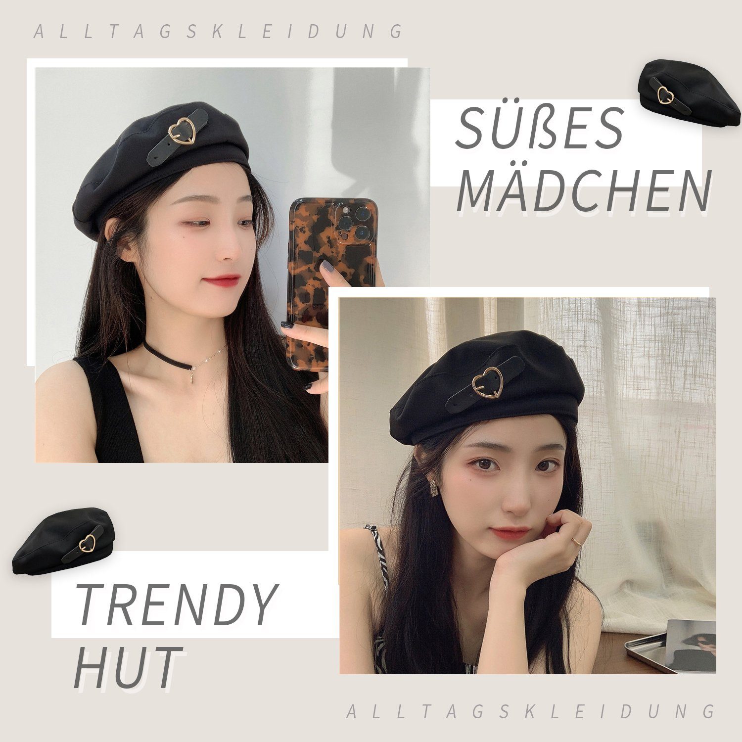 MAGICSHE Baskenmütze Elegante dekorative Beret Stil Lederschnalle, 2 Liebe Schwarz