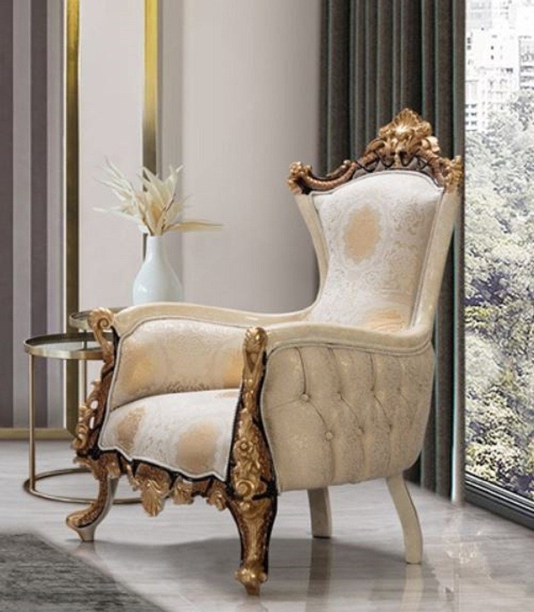 Casa Padrino Sessel Casa Padrino Luxus Barock Sessel Weiß / Beige / Creme / Schwarz / Gold - Prunkvoller Wohnzimmer Sessel mit elegantem Muster - Luxus Wohnzimmer Möbel im Barockstil - Barock Möbel - Barock Einrichtung