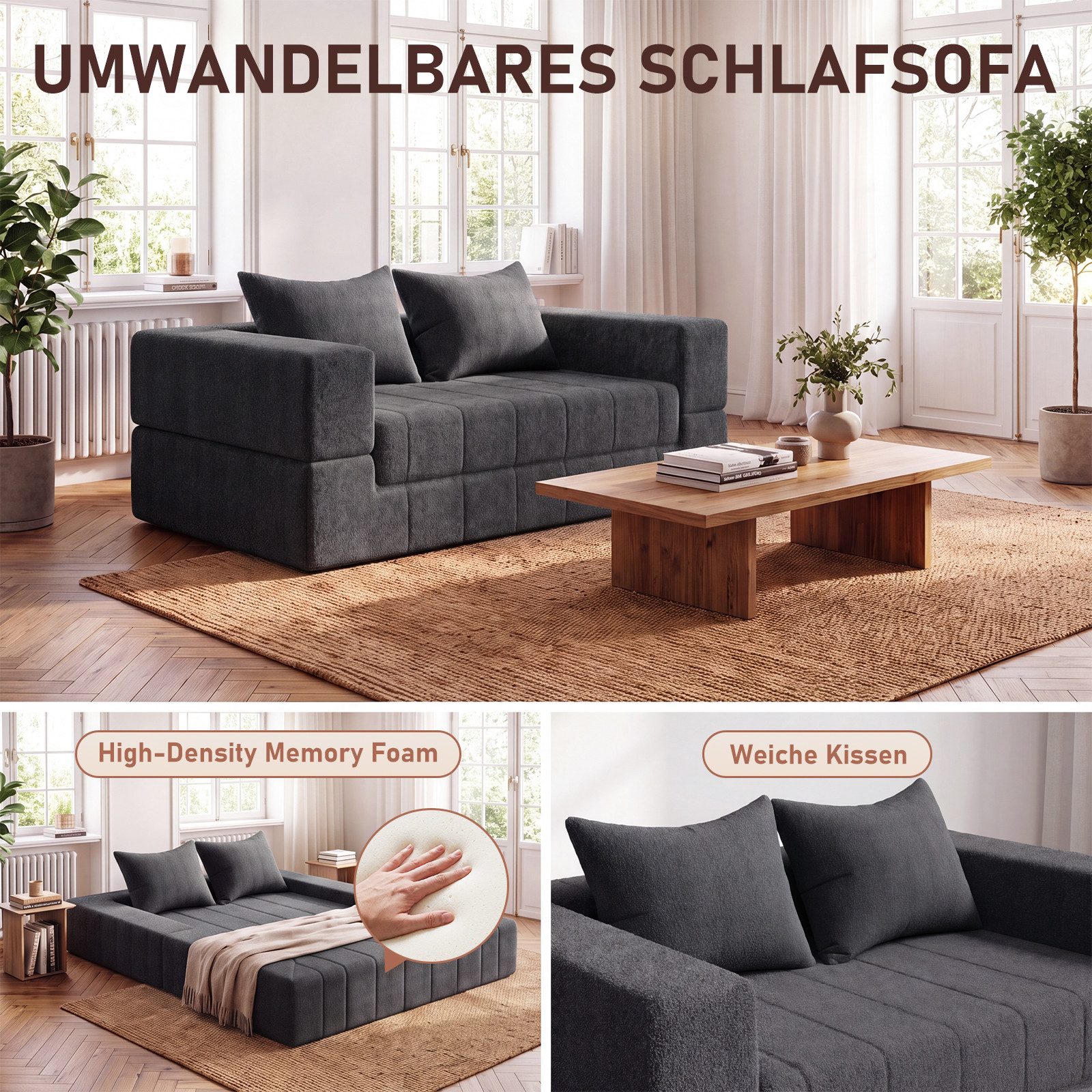 HOMALL Sofa Teddy-Bouclé-Stoff Vollschaumcouch mit Vakuum-Kompression, (Klappbares Schlafsofa,Couch 2 Sitzer mit 2 Kissen,kein Aufbau notwendig) – Bild 5 von 5